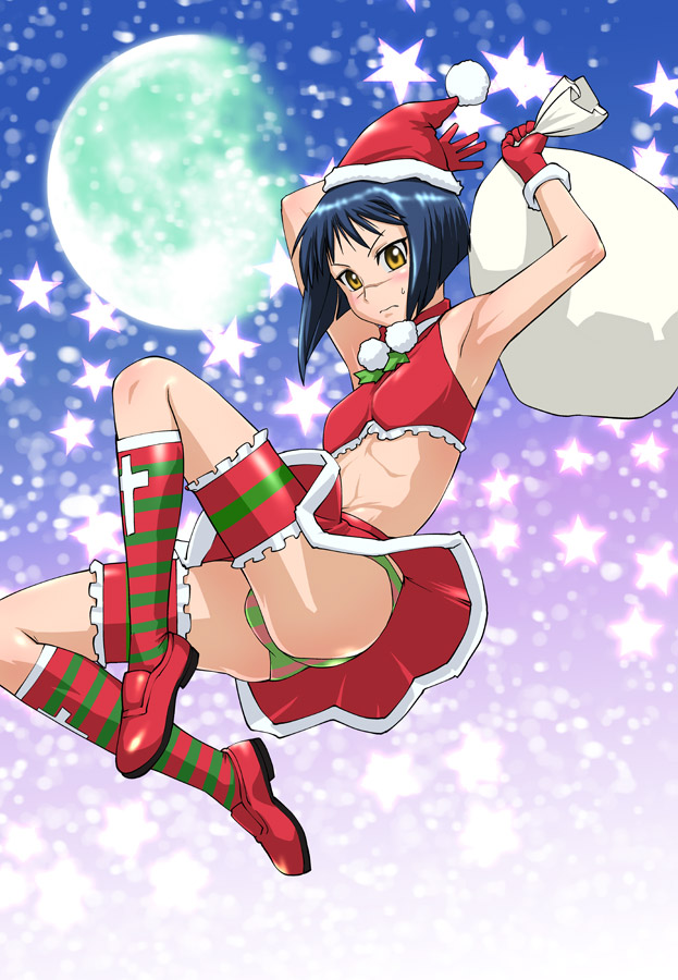 ueyama michirou, tsumura tokiko, busou renkin, multicolored legwear, 00s, 1girl, abs, armpits, blush, bob cut, christmas, female focus, flat chest, gloves, hat, panties, pantyshot, red gloves, santa costume, santa hat, scar, socks, solo, striped clothes, striped panties, striped socks, underwear