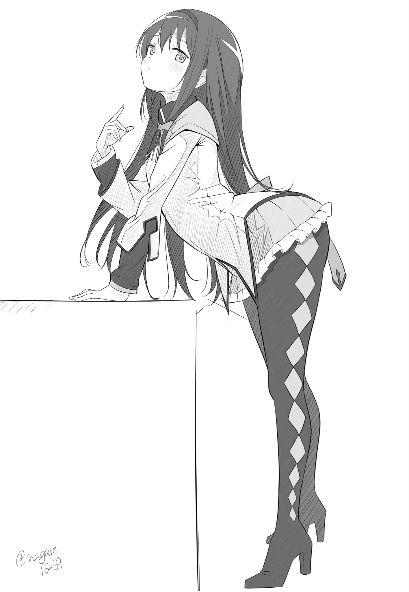 nagare (flow), akemi homura, mahou shoujo madoka magica, commentary request, highres, 1girl, argyle clothes, argyle pantyhose, artist name, ass, bent over, bow, bowtie, breasts, from side, full body, greyscale, hair between eyes, hairband, high heels, long hair, looking at viewer, monochrome, multiple views, pleated skirt, shirt, simple background, skirt, small breasts, white background