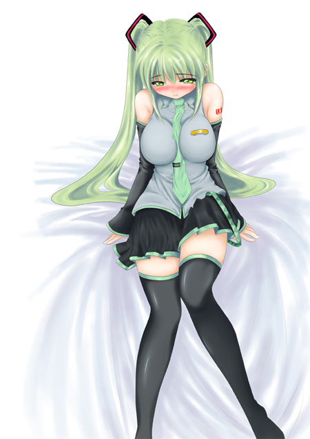 prinz luzifer, hatsune miku, vocaloid, bad id, bad pixiv id, 1girl, between breasts, blush, breasts, detached sleeves, female focus, green eyes, green hair, large breasts, long hair, matching hair/eyes, necktie, skirt, solo, thighhighs, twintails, zettai ryouiki