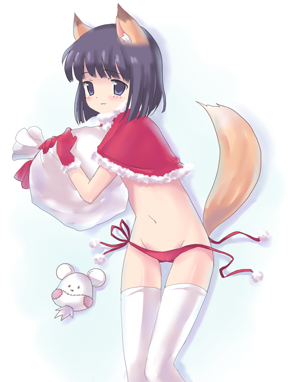 teu (navy), machi youko, bokurano, bad id, bad pixiv id, 1girl, :3, animal ears, black hair, blush, christmas, female focus, gloves, lowleg, panties, pom pom (clothes), red gloves, red panties, santa costume, short hair, side-tie panties, solo, tail, thighhighs, underwear, untied panties, wardrobe malfunction, white thighhighs