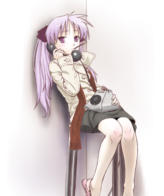minazuki tsuyuha, hiiragi kagami, lucky star, 00s, 1girl, corded phone, female focus, food, hair ribbon, jacket, long hair, mouth hold, phone, pocky, purple eyes, purple hair, ribbon, sandals, scarf, sitting, solo, tsurime, twintails