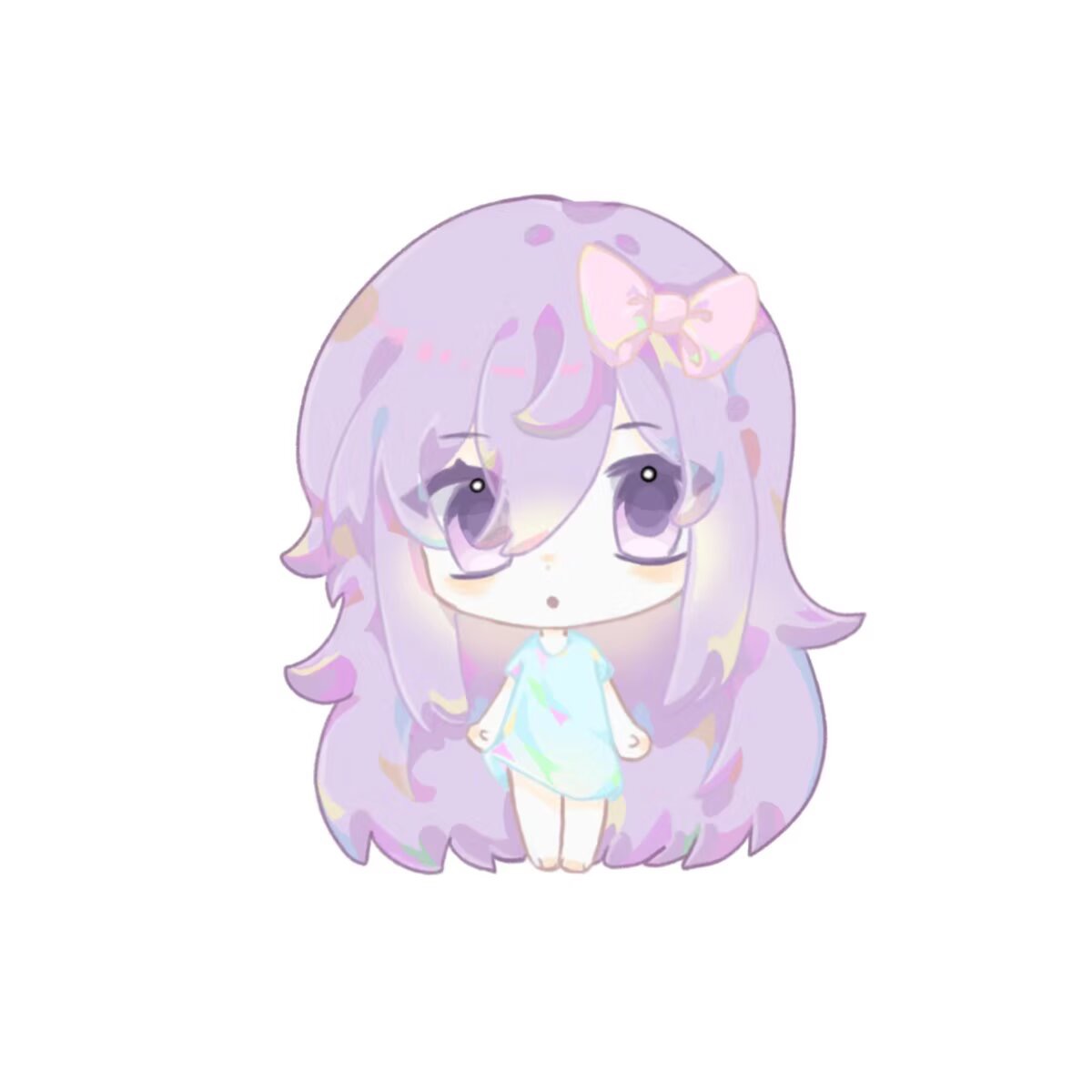 aubrey (headspace) (omori), aubrey (omori), omori, chinese commentary, commentary request, highres, 1girl, :o, absurdly long hair, arms at sides, bare arms, bare legs, barefoot, blue dress, blush, bow, chibi, chibi only, colored skin, double-parted bangs, dress, eyes visible through hair, full body, hair between eyes, hair bow, hair flaps, long hair, looking at viewer, open mouth, pink bow, purple eyes, purple hair, shizhongwaitaikong07352, short dress, short sleeves, simple background, solo, standing, straight-on, very long hair, white background, white skin