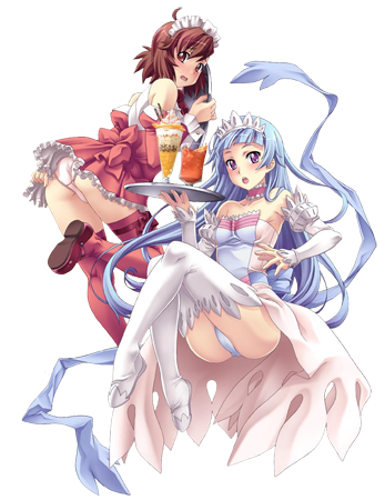 aoba tsugumi, nagi, kannagi, lowres, 2girls, armpits, ass, bare shoulders, blue eyes, blue hair, blush, choker, cosplay, drink, long hair, maid, multiple girls, panties, pantyshot, pink panties, red eyes, red hair, short hair, thighhighs, transparent background, tray, underwear, very long hair, waitress, white panties