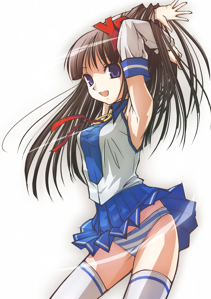 haiiro (hi ghi ro), xp-tan, os-tan, 1girl, arm up, armpits, arms behind head, blue skirt, brown hair, detached sleeves, female focus, hand in own hair, long hair, panties, pantyshot, pleated skirt, purple eyes, skirt, solo, striped clothes, striped panties, thighhighs, underwear, upskirt, wind, wind lift