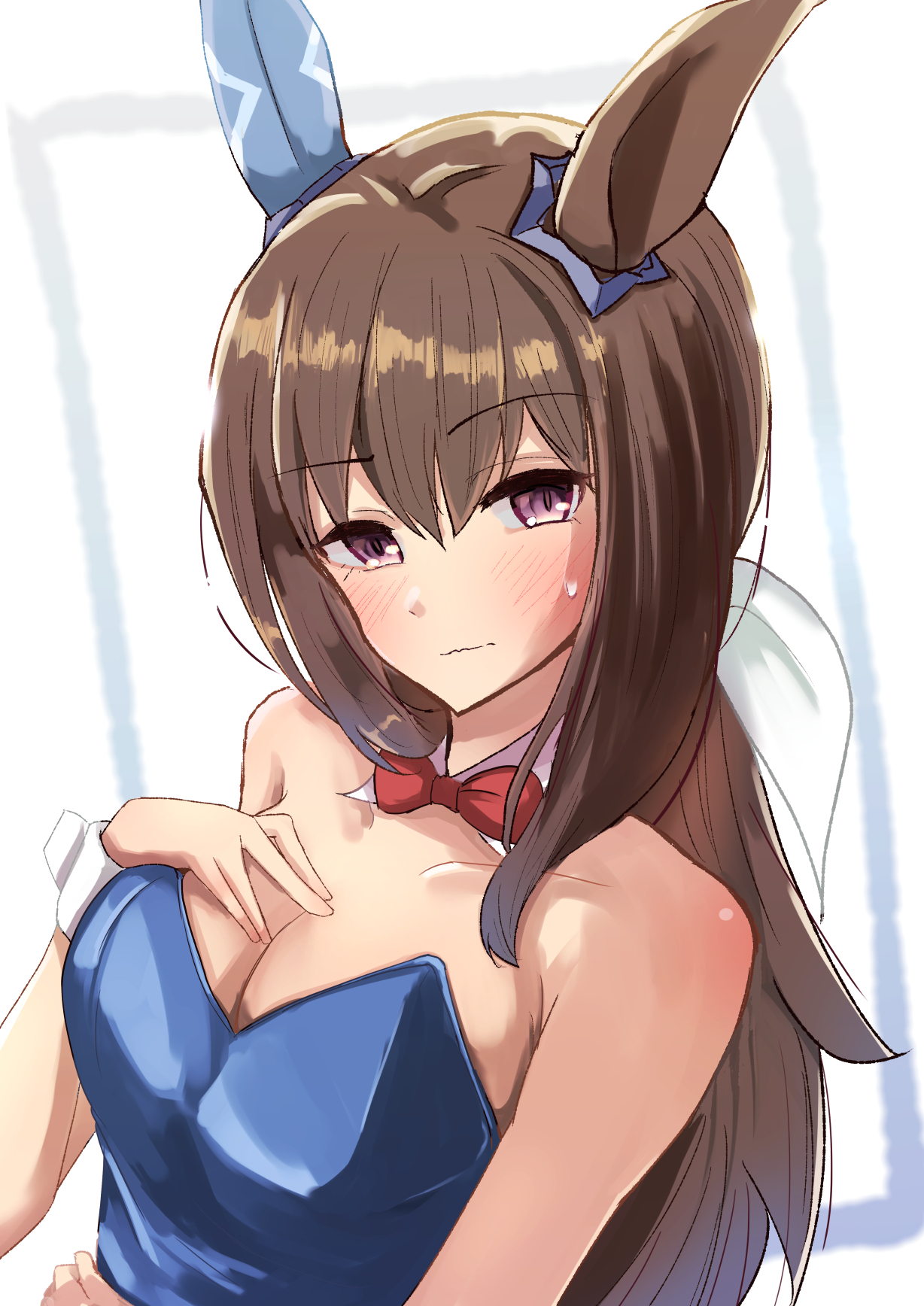 umayonyosi, admire vega (umamusume), umamusume, highres, 1girl, animal ears, bare shoulders, blue leotard, blush, bow, bowtie, breasts, brown hair, cleavage, closed mouth, collarbone, detached collar, ear covers, ear ornament, hair between eyes, hair bow, hair ornament, horse ears, horse girl, leotard, long hair, looking at viewer, low ponytail, medium breasts, ponytail, purple eyes, red bow, red bowtie, simple background, single ear cover, solo, sweatdrop, upper body, white bow, white wrist cuffs, wrist cuffs