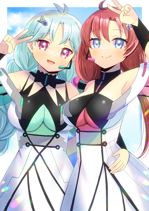 kou hiyoyo, original, commentary request, commission, skeb commission, 2girls, :d, bare shoulders, blue eyes, blue hair, braid, breasts, closed mouth, dress, hand on another's waist, large breasts, long hair, looking at viewer, microphone, multiple girls, open mouth, purple eyes, red hair, smile, twin braids, v