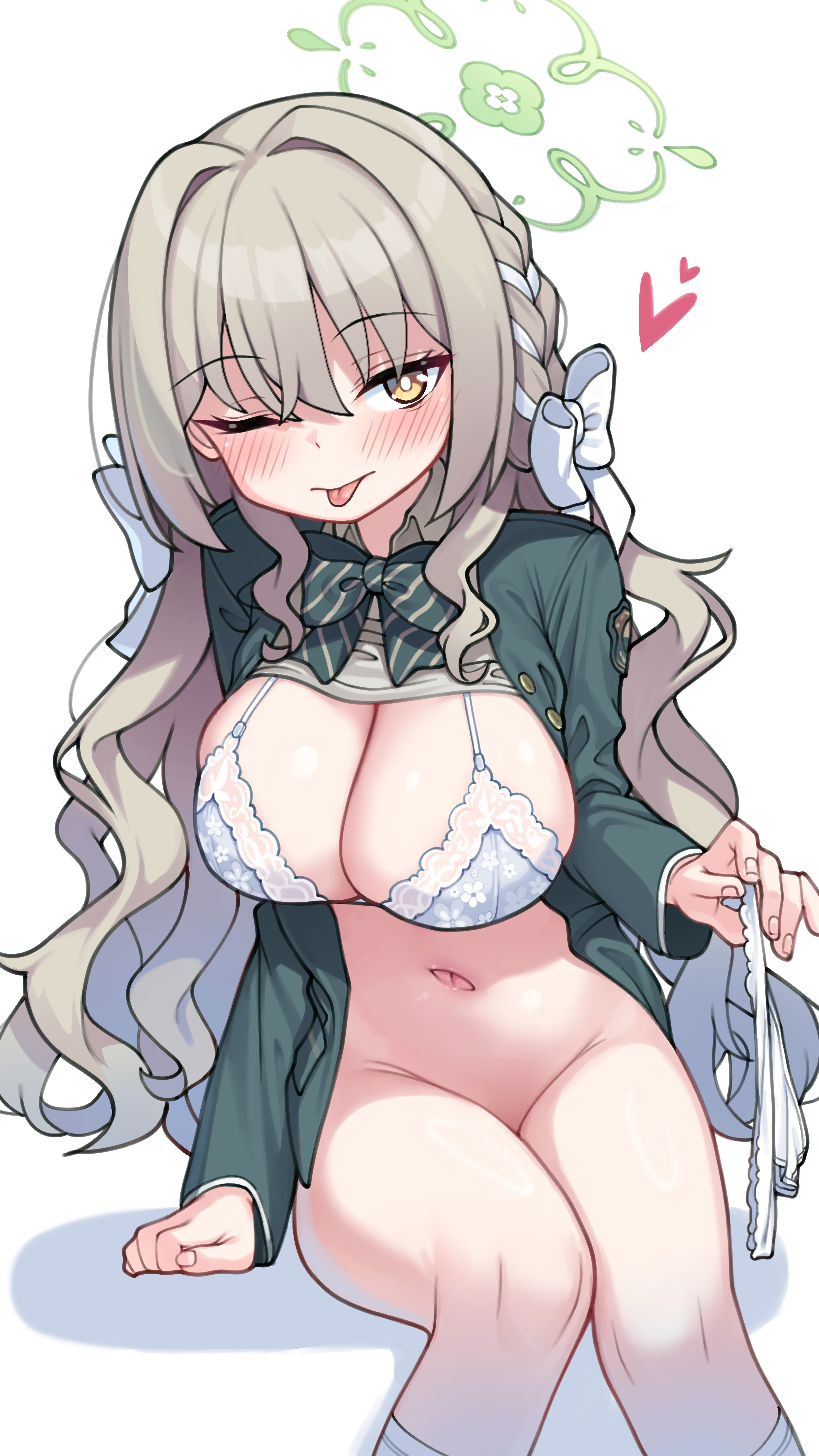 isinose (ilxodidli), miyo (blue archive), blue archive, absurdres, commentary request, highres, partial commentary, 1girl, ;p, arm support, blazer, blush, bottomless, bow, bowtie, bra, braid, breasts, bright pupils, clothes lift, diagonal-striped bow, diagonal-striped bowtie, diagonal-striped clothes, feet out of frame, green bow, green bowtie, green jacket, grey hair, grey shirt, groin, hair bow, hair ribbon, halo, heart, holding, holding panties, holding underwear, holding unworn clothes, jacket, large breasts, long hair, long sleeves, looking at viewer, navel, one eye closed, panties, ribbon, ribbon braid, shirt, shirt lift, simple background, sitting, solo, stomach, striped bow, striped bowtie, striped clothes, tongue, tongue out, underwear, unworn panties, very long hair, white background, white bow, white bra, white panties, white pupils, white ribbon, yellow eyes