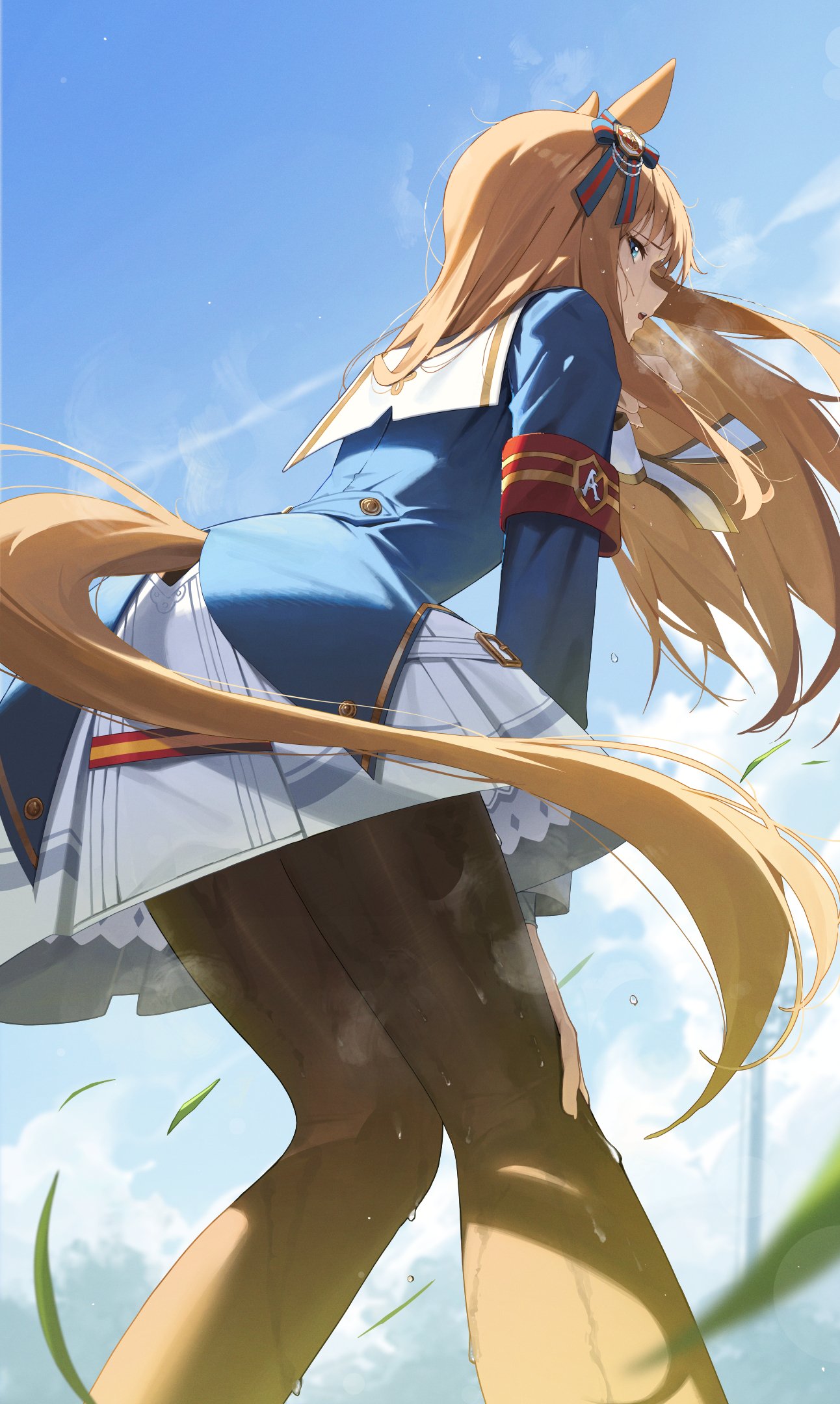 ningen gokko, grass wonder (stone-piercing blue) (umamusume), grass wonder (umamusume), umamusume, highres, 1girl, animal ears, armband, black pantyhose, blue eyes, blue jacket, bow, brown hair, dress, ear bow, ear ornament, ear ribbon, from below, horse ears, horse girl, horse tail, jacket, long hair, long sleeves, open mouth, pantyhose, parted lips, pleated skirt, red armband, sailor collar, skirt, solo, sweat, tail, white sailor collar, white skirt