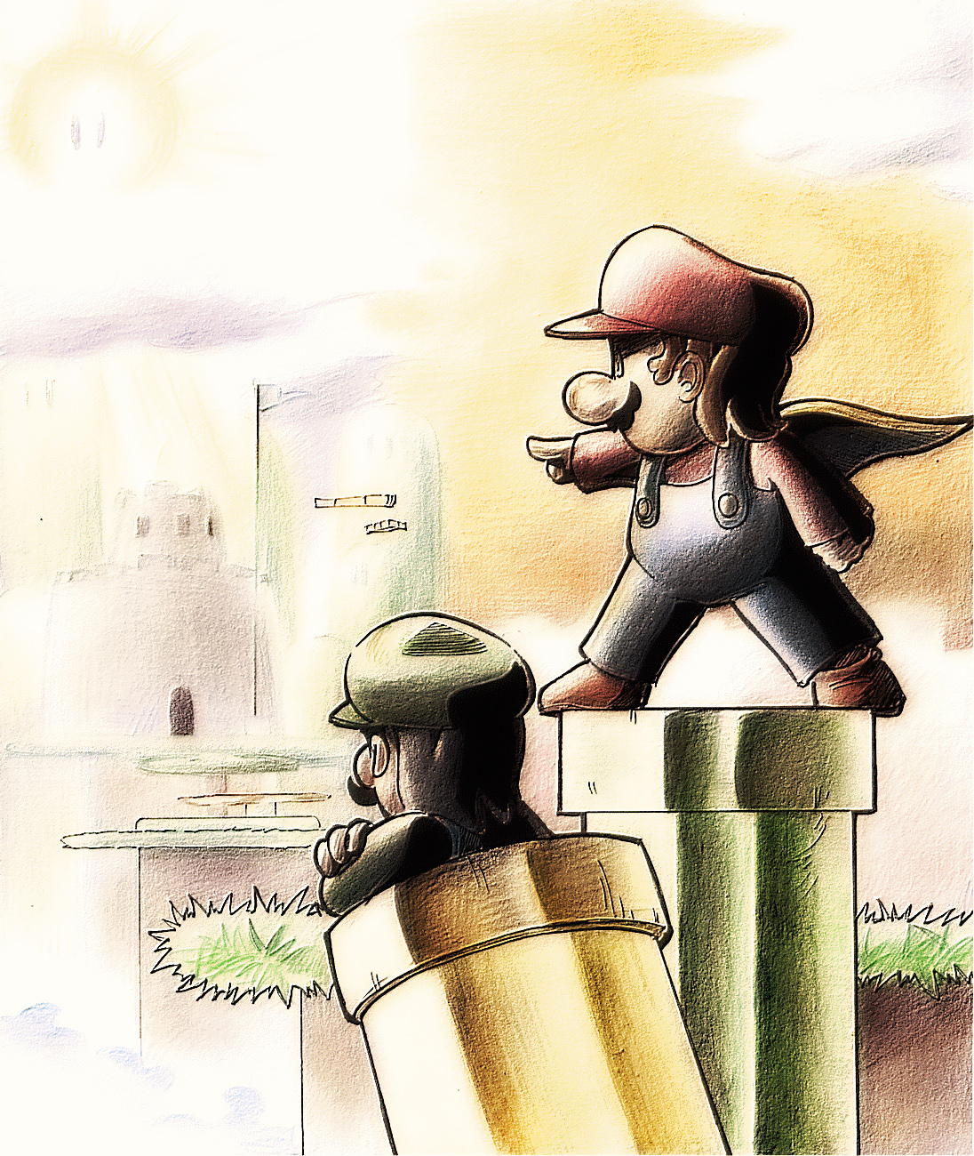 cape mario, luigi, mario, mario (series), nintendo, super mario bros. 1, super mario world, highres, 2boys, brothers, brown hair, cape, facial hair, gloves, hat, multiple boys, mustache, overalls, pointing, siblings, warp pipe
