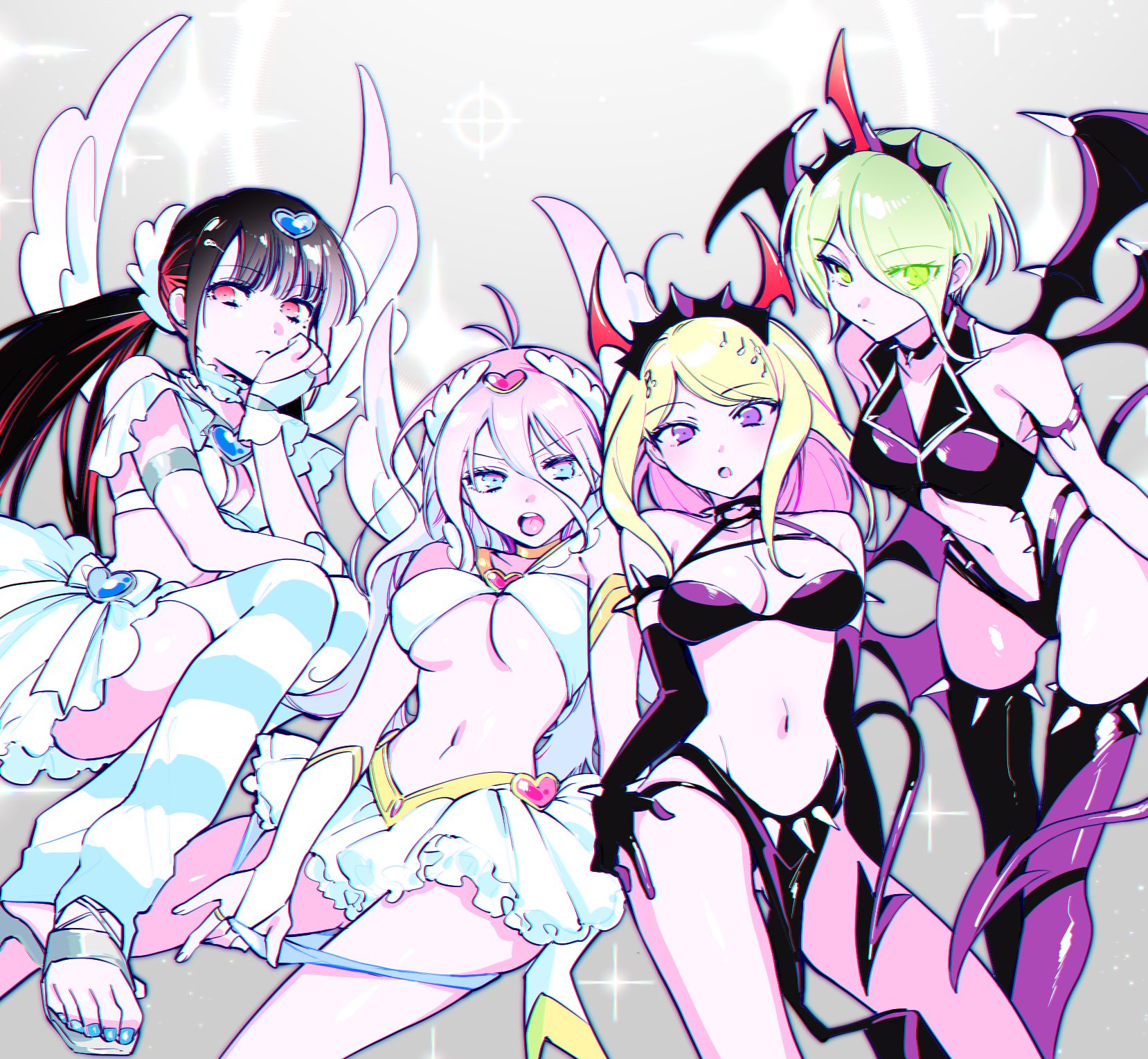 zang li, akamatsu kaede, harukawa maki, iruma miu, panty (psg), stocking (psg), tojo kirumi, danganronpa (series), danganronpa v3: killing harmony, panty & stocking with garterbelt, commentary request, highres, 4girls, ahoge, angel, angel wings, antenna hair, bare shoulders, bat wings, blonde hair, blue eyes, blunt bangs, blush, breasts, brown hair, choker, collar, colored inner hair, cosplay, demon girl, demon horns, demon tail, fortissimo, green eyes, green hair, grey background, hair between eyes, hair ornament, hair over one eye, hairband, horns, large breasts, long hair, looking at viewer, low twintails, medium breasts, mole, mole under eye, multicolored hair, multiple girls, musical note, musical note hair ornament, nail polish, navel, open mouth, panties, panty (psg) (cosplay), panty pull, pink hair, pulling own clothes, purple eyes, red eyes, red hair, revealing clothes, shiny clothes, shiny skin, short hair, skirt, sparkle, spiked collar, spiked thighhighs, spikes, stocking (psg) (cosplay), striped clothes, striped thighhighs, tail, thighhighs, thighs, toenail polish, toenails, twintails, two-tone hair, underboob, underwear, very long hair, wings