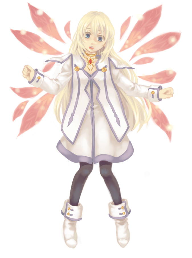 miho (mi), colette brunel, tales of (series), tales of symphonia, 00s, 1girl, aqua eyes, blonde hair, blue eyes, boots, collar, female focus, full body, long hair, pantyhose, simple background, solo, standing, white background, wings