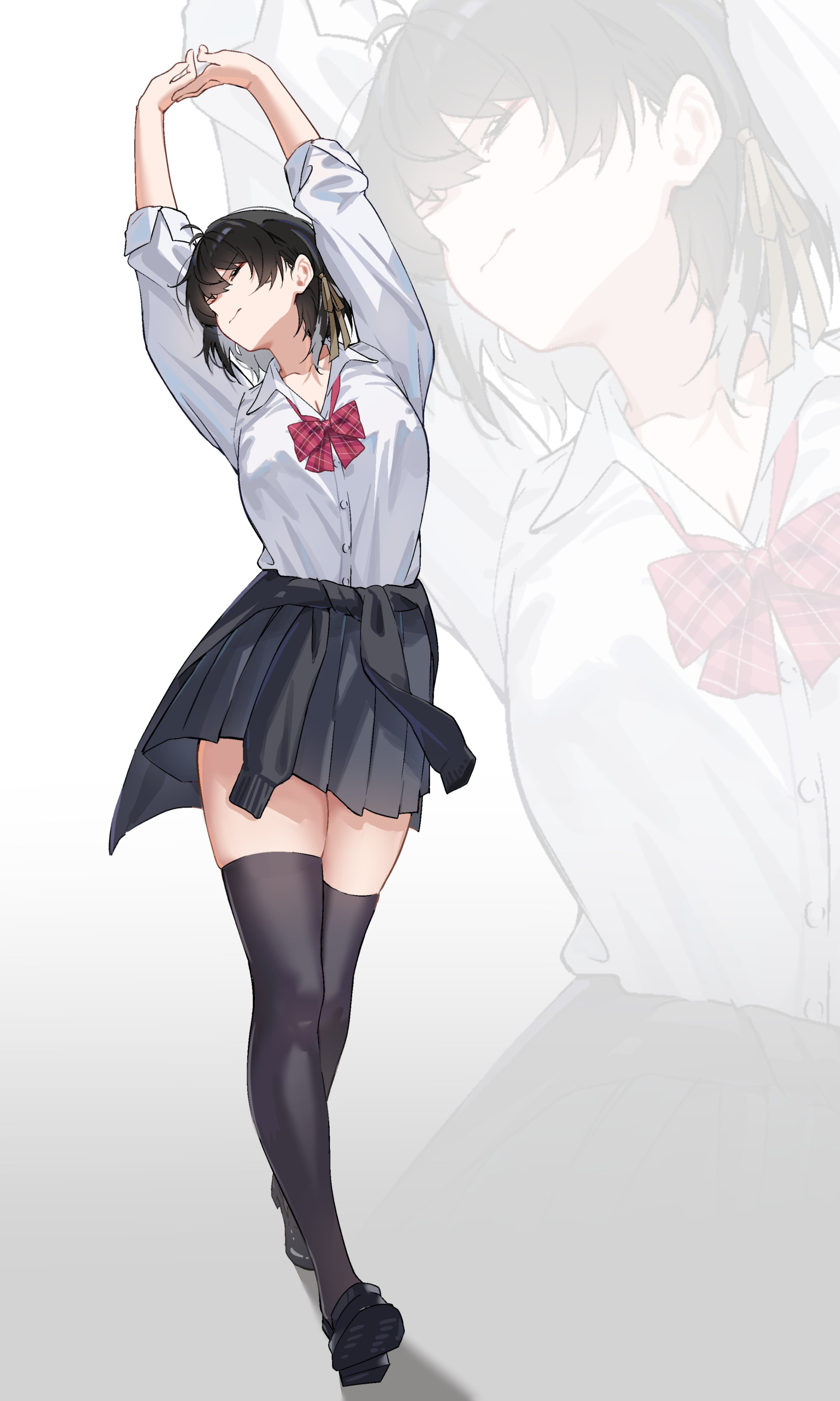 chamaru5963, female rover (wuthering waves), rover (wuthering waves), wuthering waves, absurdres, commentary, highres, 1girl, alternate costume, arms up, black hair, black shoes, black skirt, black thighhighs, breasts, closed eyes, closed mouth, clothes around waist, colored inner hair, hair ribbon, large breasts, medium hair, multicolored hair, ribbon, school uniform, shirt, shirt tucked in, shoes, skirt, solo, stretching, thighhighs, thighs, white shirt, yellow ribbon, zoom layer