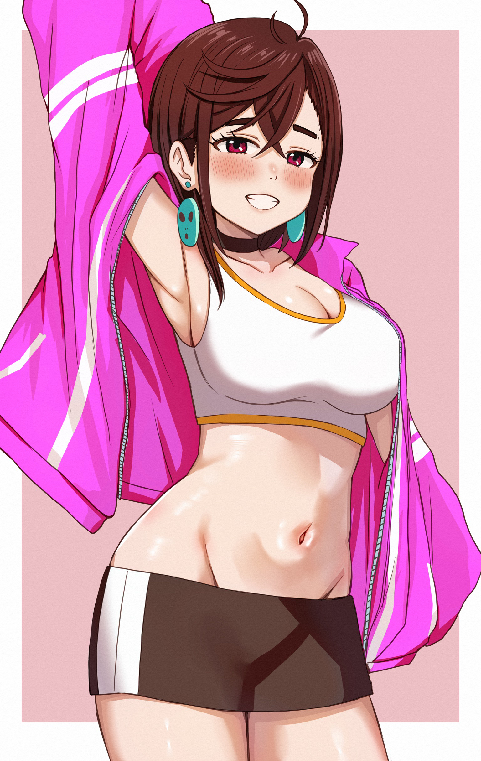 nootomo, ayase momo, dandadan, absurdres, highres, 1girl, ahoge, arm up, armpits, bike shorts, black choker, blush, border, breasts, brown hair, choker, cleavage, collarbone, cowboy shot, crossed bangs, earrings, groin, jacket, jewelry, looking at viewer, medium breasts, midriff, navel, pink jacket, purple jacket, red eyes, short hair, short shorts, shorts, solo, sports bra, stomach, white border, white sports bra