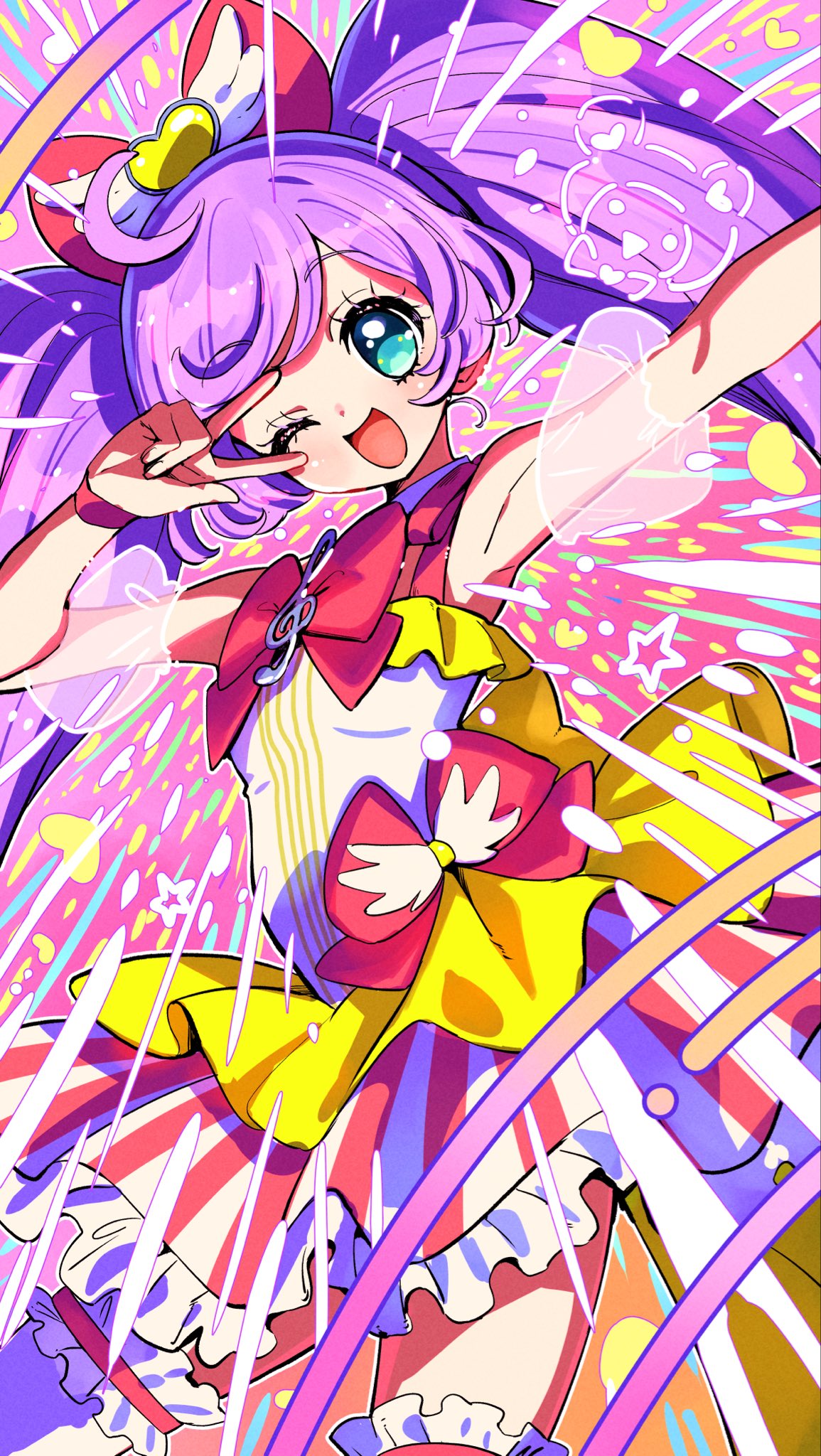wanowanoji67, manaka laala, pretty series, pripara, commentary request, highres, 1girl, :d, ahoge, arm up, armpits, bare shoulders, bow, bracelet, coattails, contrapposto, cowboy shot, detached sleeves, dress, frilled dress, frilled garter, frills, green eyes, hair bow, hand up, heart, idol, idol clothes, jewelry, large bow, legs apart, legwear garter, light blush, long hair, looking at viewer, no pupils, one eye closed, open mouth, outline, pink bow, pink dress, puffy short sleeves, puffy sleeves, purple hair, red bow, see-through clothes, see-through sleeves, short dress, short sleeves, sleeveless, sleeveless dress, smile, solo, standing, striped clothes, striped dress, thighhighs, treble clef, twintails, v, v over eye, vertical-striped clothes, vertical-striped dress, very long hair, white dress, white outline, white thighhighs, yellow dress, zettai ryouiki