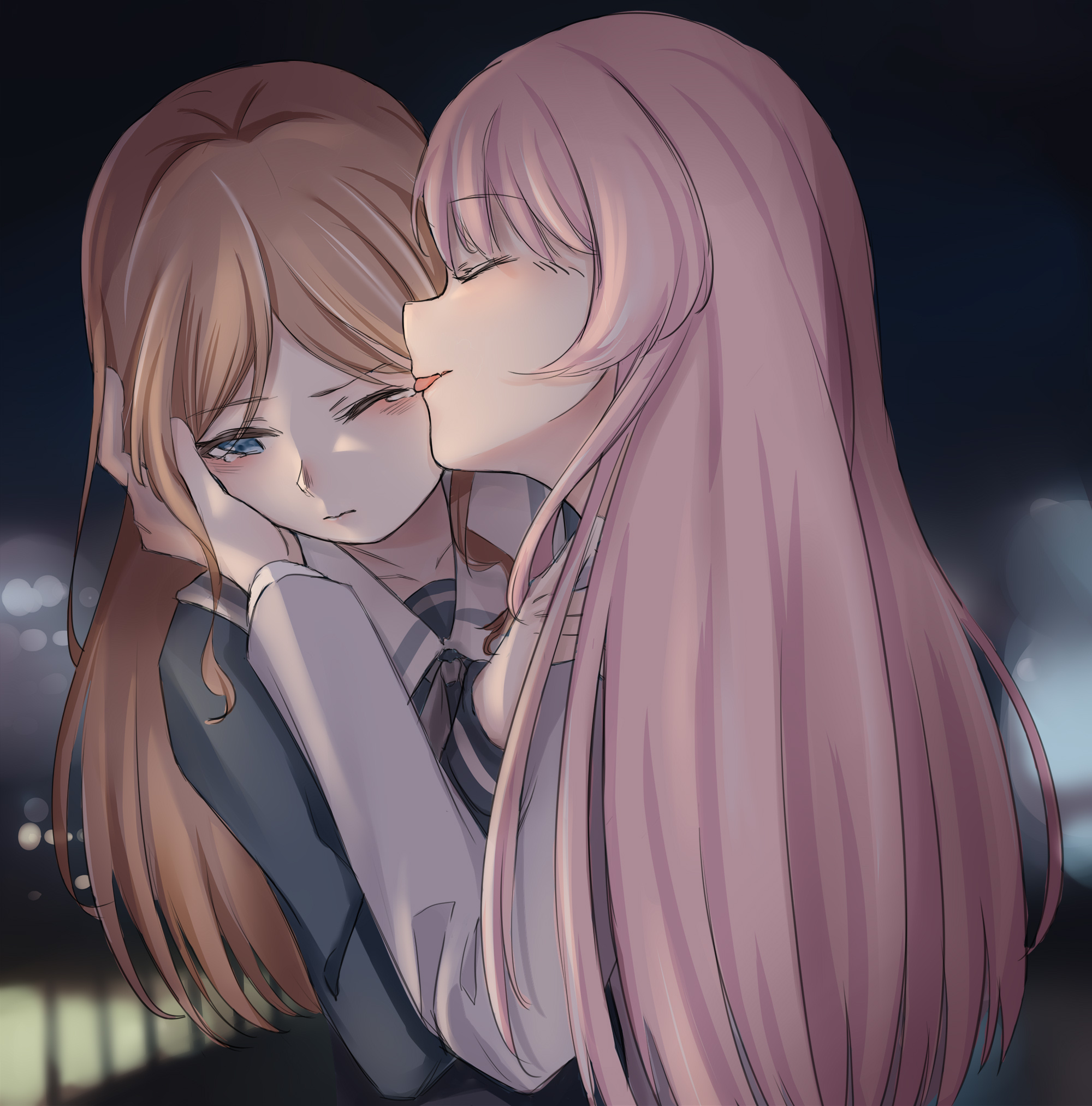 chihaya anon, nagasaki soyo, bang dream!, bang dream! it's mygo!!!!!, commentary, highres, 2girls, blue eyes, blue shirt, blush, brown hair, closed eyes, fang, grey jacket, hand on another's cheek, hand on another's face, haneoka school uniform, jacket, kui ckuqiz, licking tears, long hair, long sleeves, multiple girls, one eye closed, pink hair, school uniform, shirt, skin fang, tearing up, tsukinomori school uniform, yuri