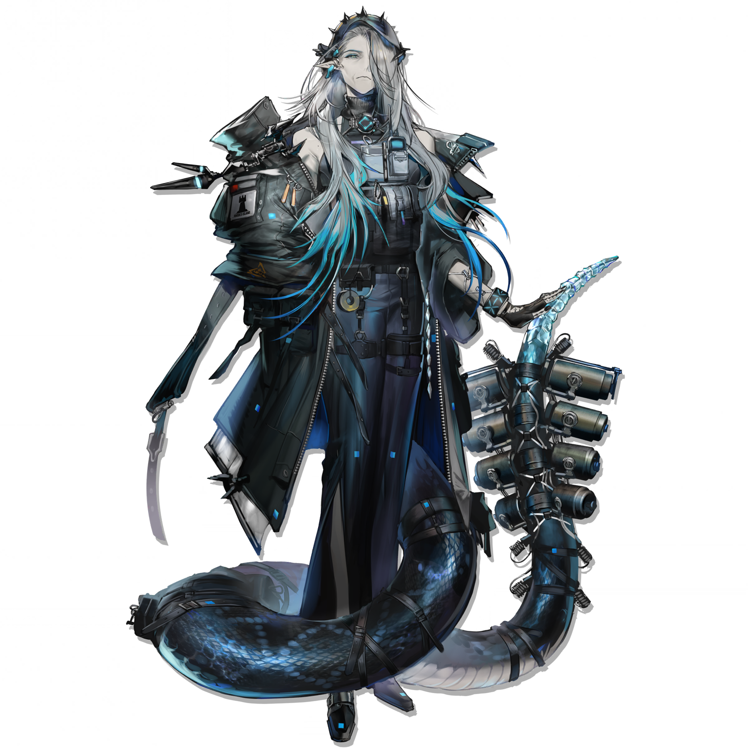 infection monitor (arknights), arknights, highres, official art, third-party source, 1girl, ammunition pouch, banban (vvvviiiiiia), black coat, black nails, black shoes, blue hair, blue theme, closed mouth, coat, fingerless gloves, full body, gloves, grey hair, hair over one eye, hand on own tail, legs together, load bearing vest, long hair, long tail, mantra (arknights), old, old woman, one eye covered, pants, pointy ears, pouch, rattlesnake, rhodes island logo (arknights), rhodes island uniform, shirt, shoes, side slit, side slit pants, simple background, sleeveless, sleeveless shirt, sleeveless turtleneck, snake girl, snake tail, solo, standing, tachi-e, tactical clothes, tail, transparent background, turtleneck, turtleneck shirt, very long hair, walkie-talkie
