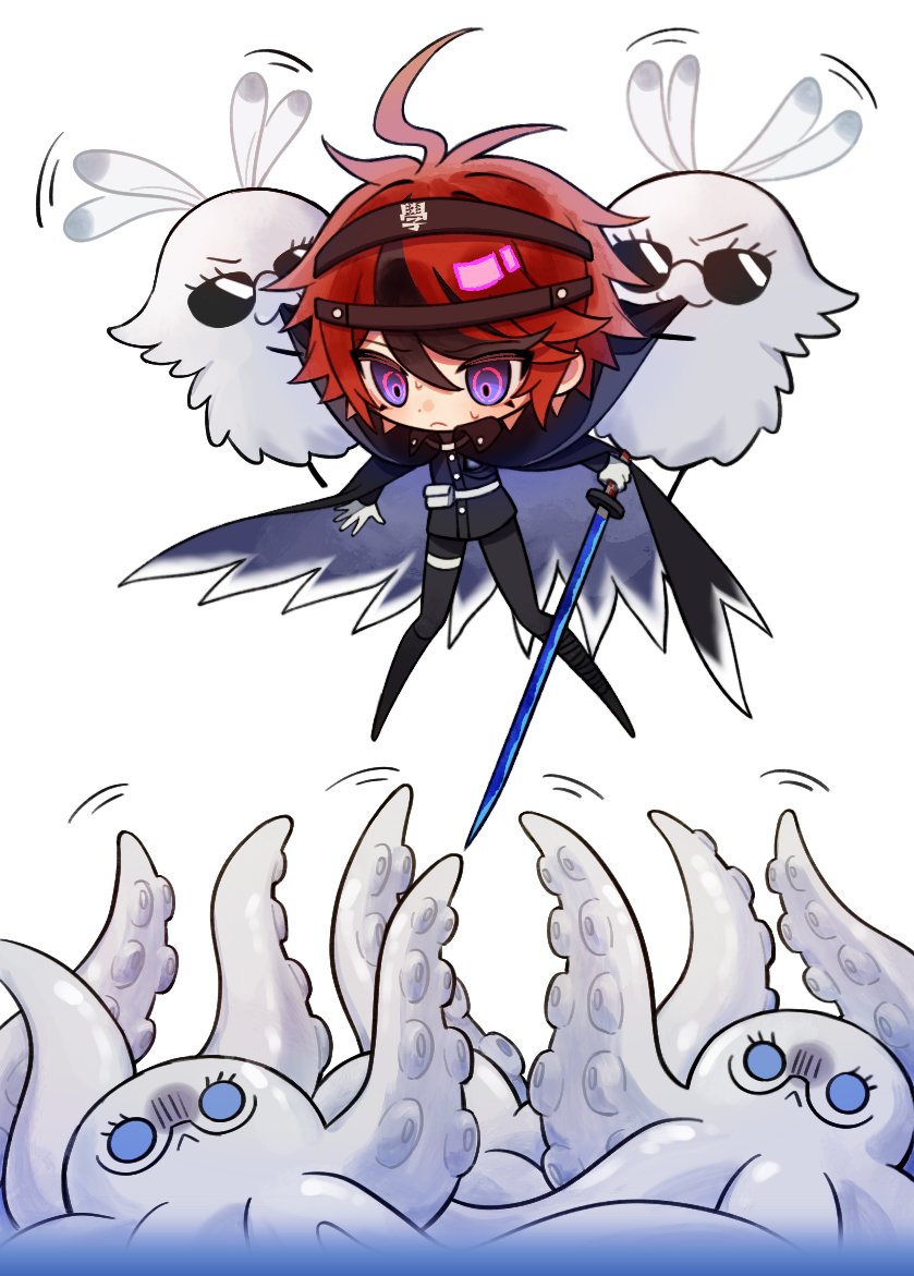 amera (irisqr3), aotsuki eito, flea (hollow knight), sumino takumi, hollow knight, hollow knight: silksong, the hundred line -last defense academy-, commentary, 1boy, :<, :3, ahoge, animalization, black cape, black jacket, black pants, black streaks, blue eyes, bug, cape, carrying, carrying person, flying, gakuran, gloves, headgear, holding, holding sword, holding weapon, jacket, last defense academy school uniform, male focus, mouth hold, multicolored hair, multiple persona, octopus, pants, purple eyes, reaching, reaching towards another, red hair, ringed eyes, school uniform, short hair, simple background, streaked hair, sunglasses, sweat, sword, weapon, white background, white gloves