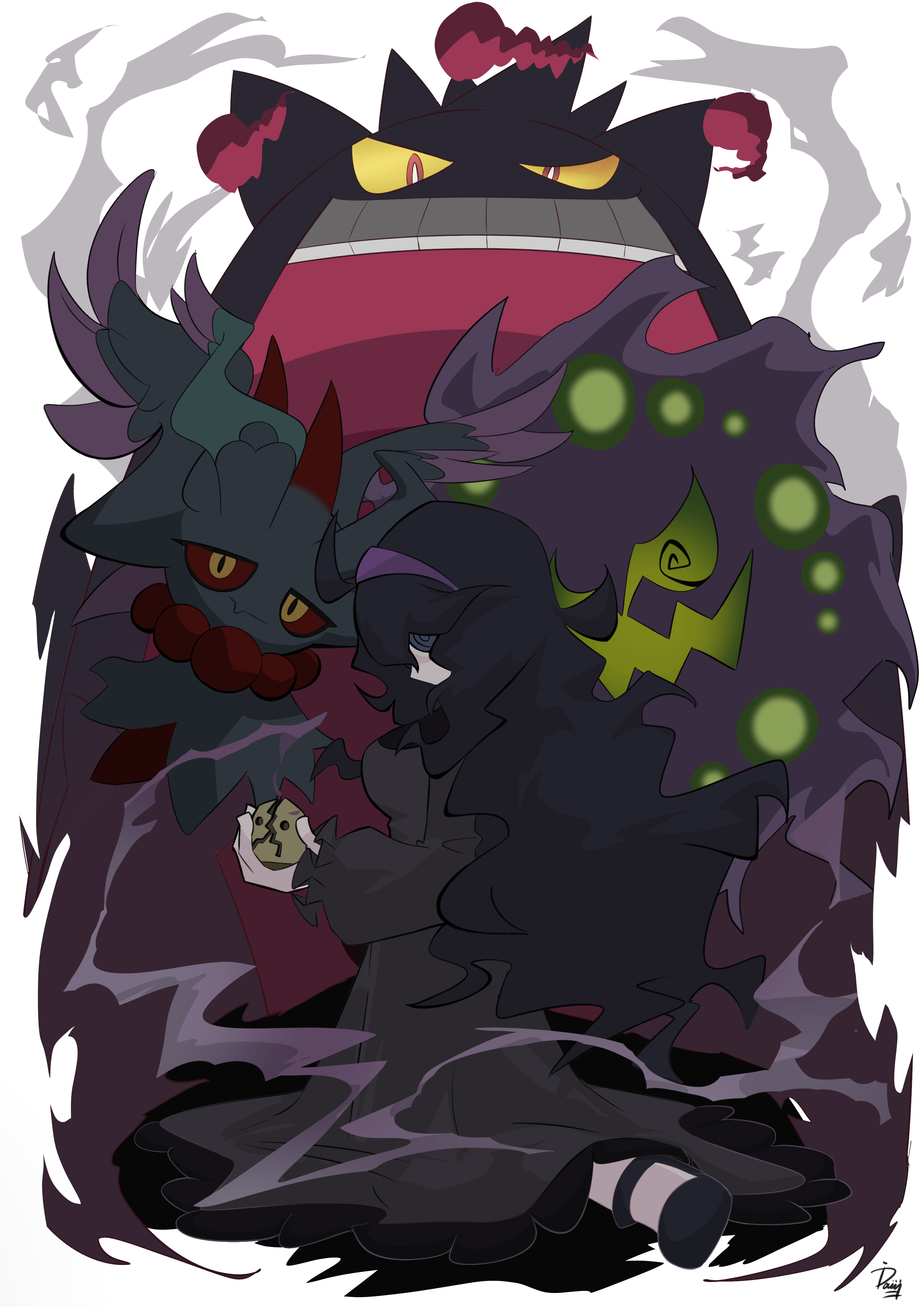 ida (idalol490), flutter mane, gengar, gigantamax gengar, hex maniac (pokemon), spiritomb, nintendo, pokemon, pokemon xy, absurdres, highres, 1girl, dynamax, gen 1 pokemon, gen 4 pokemon, gigantamax, pokemon (creature), purple eyes