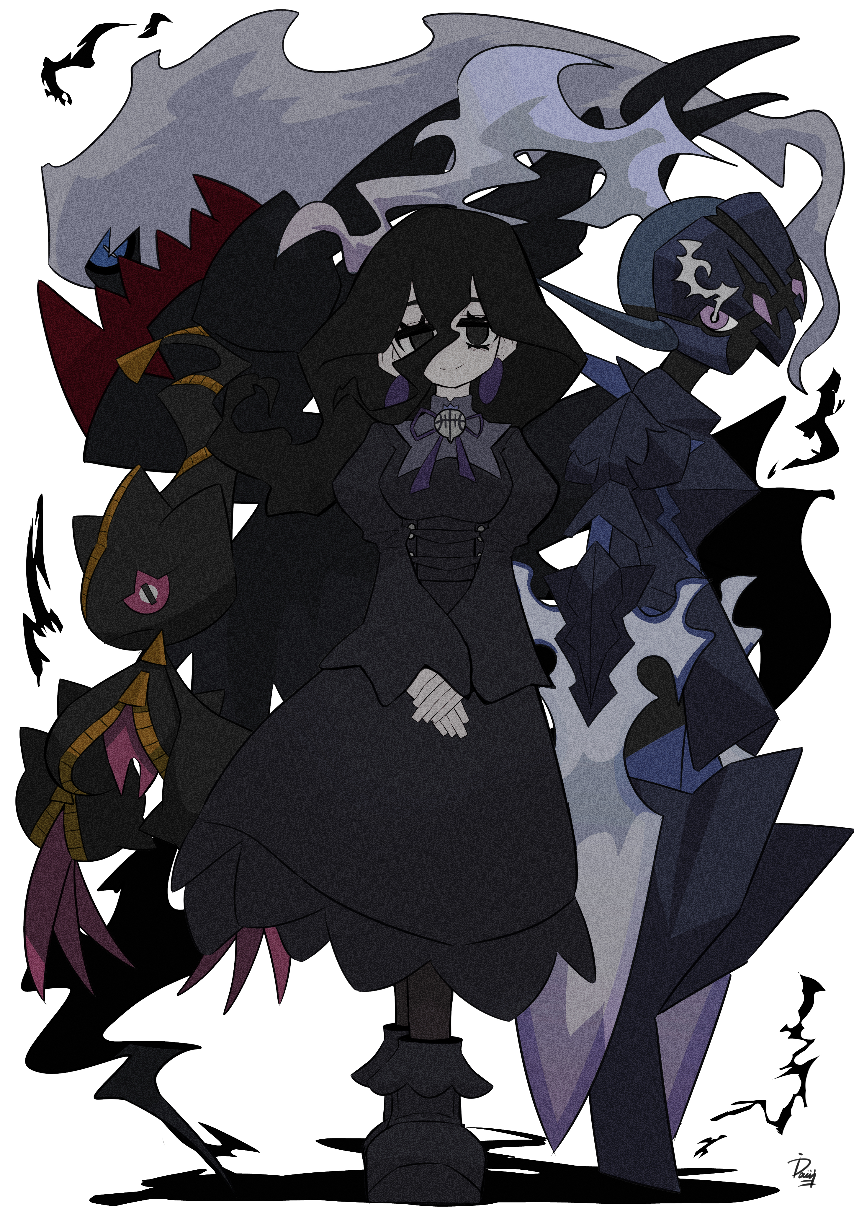 ida (idalol490), banette, ceruledge, darkrai, hex maniac (pokemon), hex maniac (pokemon legends: z-a), mega banette, nintendo, pokemon, pokemon legends: z-a, absurdres, highres, 1girl, gen 3 pokemon, gen 4 pokemon, legendary pokemon, mega pokemon, mythical pokemon, pokemon (creature)