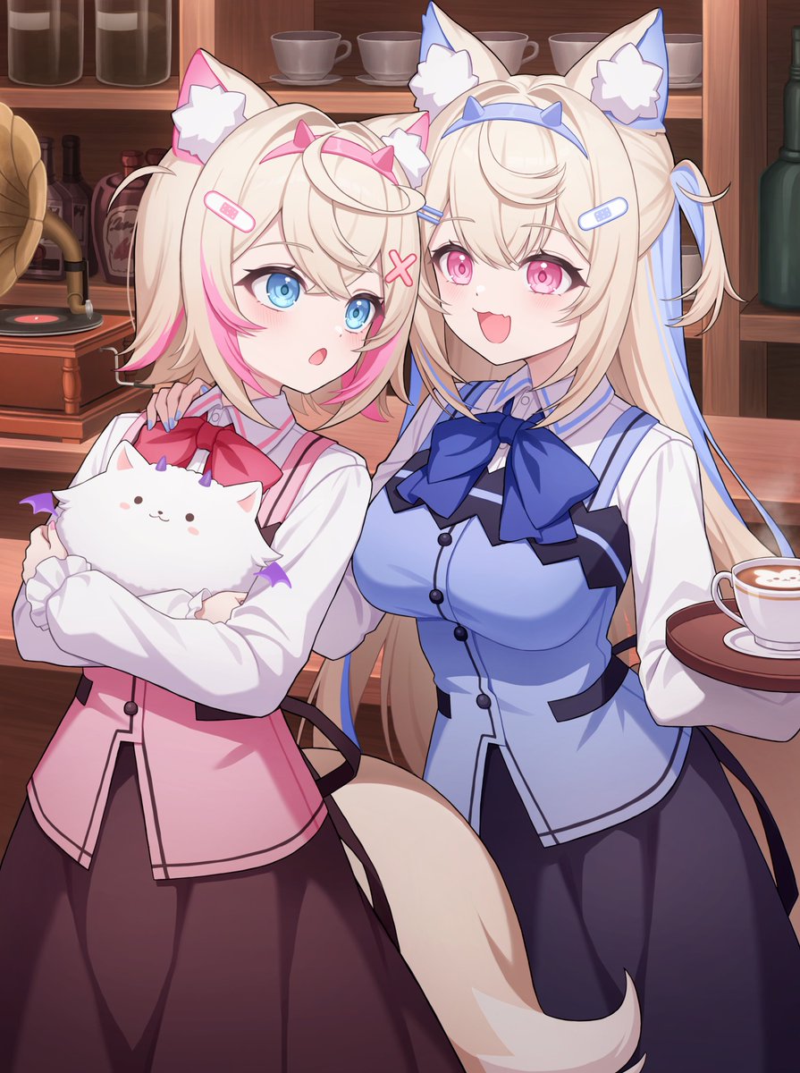 chelly (glisten chelly), fuwawa abyssgard, mococo abyssgard, hololive, hololive english, commentary, highres, 2girls, animal ear fluff, animal ears, bandaid, bandaid hair ornament, blonde hair, blue bow, blue bowtie, blue eyes, blue hairband, blue nails, blue shirt, blue skirt, blue streaks, blush, bottle, bow, bowtie, breasts, cabinet, collared shirt, cowboy shot, crossed bangs, cup, dog ears, dog girl, dog tail, double-parted bangs, frilled sleeves, frills, hair intakes, hair ornament, hairband, hairclip, hand on another's shoulder, holding, holding tray, indoors, large breasts, layered shirt, long hair, long skirt, long sleeves, looking at another, multicolored hair, multiple girls, open mouth, phonograph, pink bow, pink bowtie, pink eyes, pink hairband, pink nails, pink shirt, pink skirt, pink streaks, saucer, shirt, short hair, siblings, sidelocks, sisters, skirt, sleeves past wrists, streaked hair, tail, teacup, tray, two side up, vinyl record, white shirt, x hair ornament