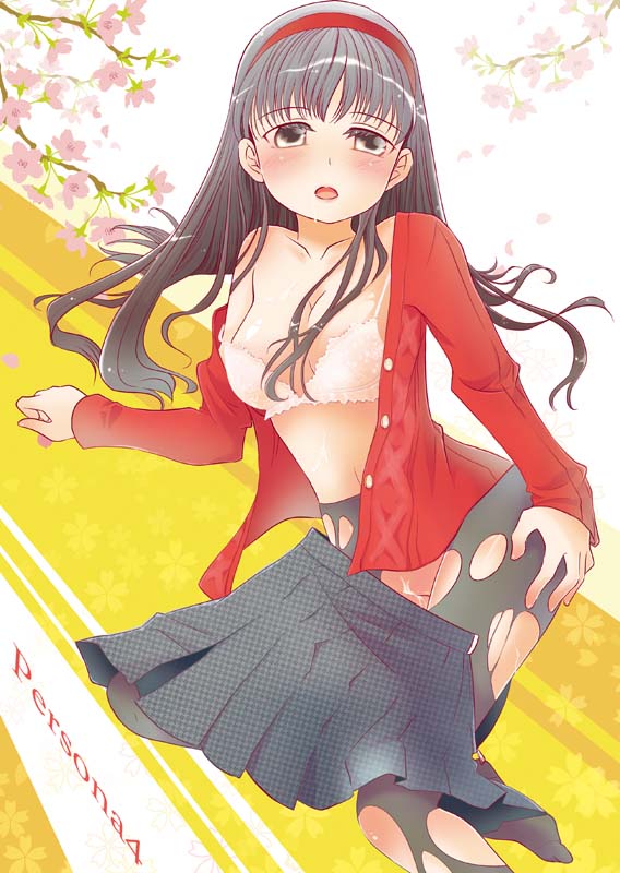 sakuyan, tachibana sakuya (matsurika), amagi yukiko, atlus, persona, persona 4, 1girl, black hair, bra, female focus, hairband, lingerie, long hair, open clothes, open shirt, pantyhose, shirt, skirt, solo, torn clothes, torn pantyhose, underwear