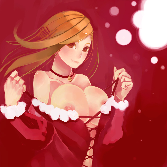 aco (koaya ako), bad id, bad pixiv id, 1girl, breasts, brown eyes, brown hair, christmas, collar, female focus, huge breasts, long hair, nipple slip, nipples, santa costume, solo, undressing