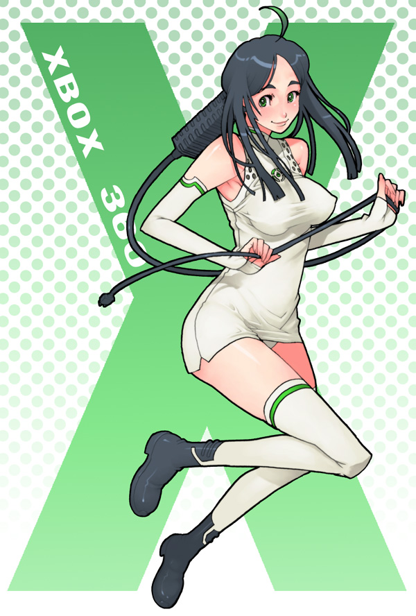 g-room honten, xbox-tan, xbox 360-tan, microsoft, 1girl, ahoge, black hair, cable, elbow gloves, female focus, game console, gloves, green eyes, long hair, personification, smile, solo, thighhighs, xbox 360