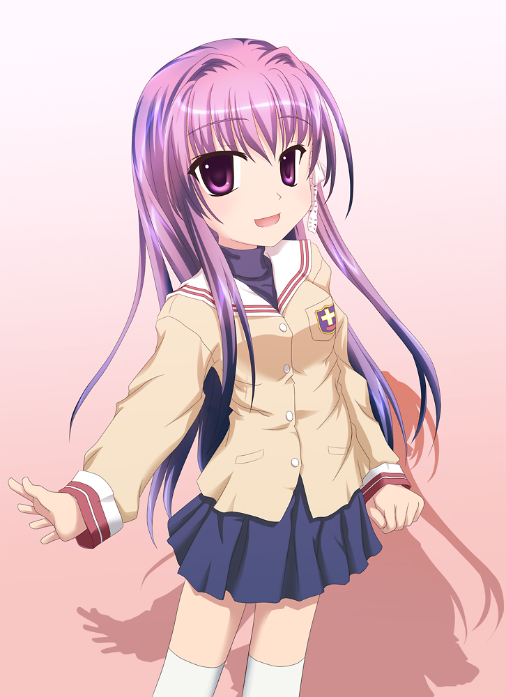 kan (2bangai), fujibayashi kyou, clannad, bad id, bad pixiv id, 00s, 1girl, female focus, long hair, purple eyes, purple hair, school uniform, solo, thighhighs
