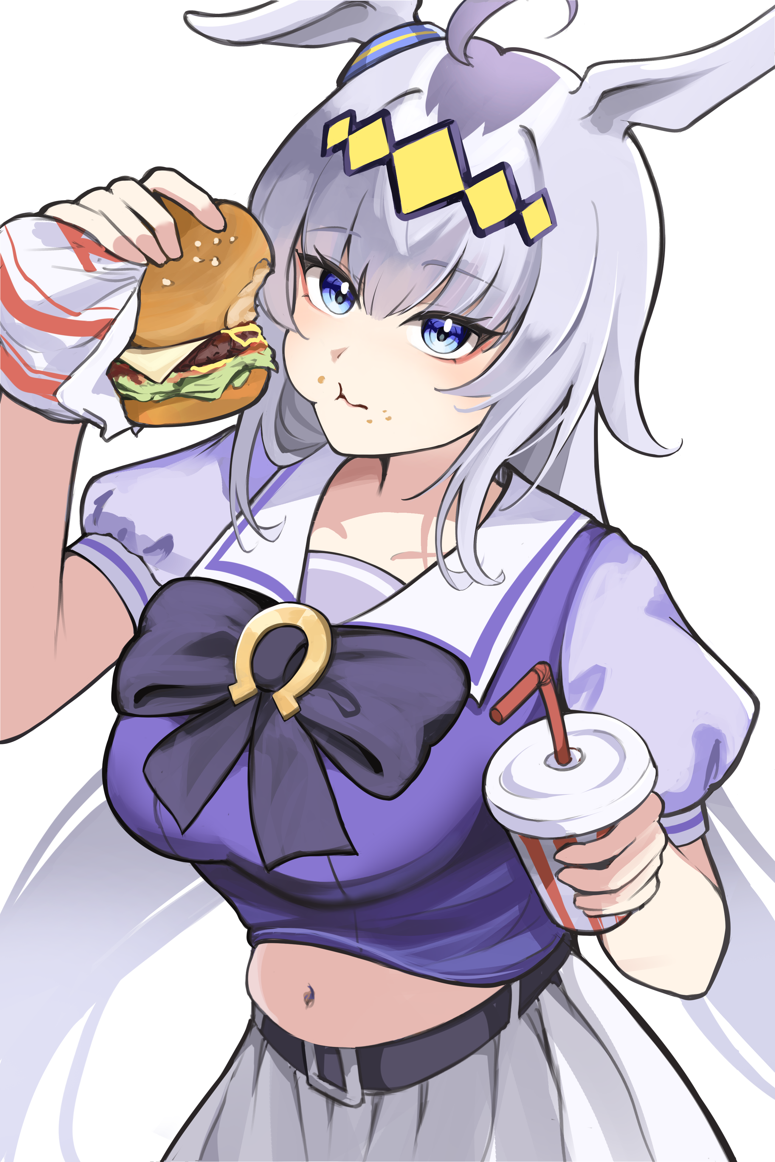 ryz (ujrn7248), oguri cap (umamusume), umamusume, absurdres, highres, 1girl, ahoge, animal ears, belly, big belly, blue eyes, bow, breasts, burger, cheek bulge, crumbs, cup, disposable cup, drinking straw, ear ornament, eating, food, food on face, glutton, grey hair, hair between eyes, hair ornament, hairband, holding, holding burger, holding cup, holding food, horse ears, horse girl, large breasts, long hair, multicolored hair, navel, puffy short sleeves, puffy sleeves, purple bow, purple shirt, sailor collar, sailor shirt, school uniform, shirt, short sleeves, simple background, skirt, solo, stomach, tracen school uniform, white background, white sailor collar, white skirt