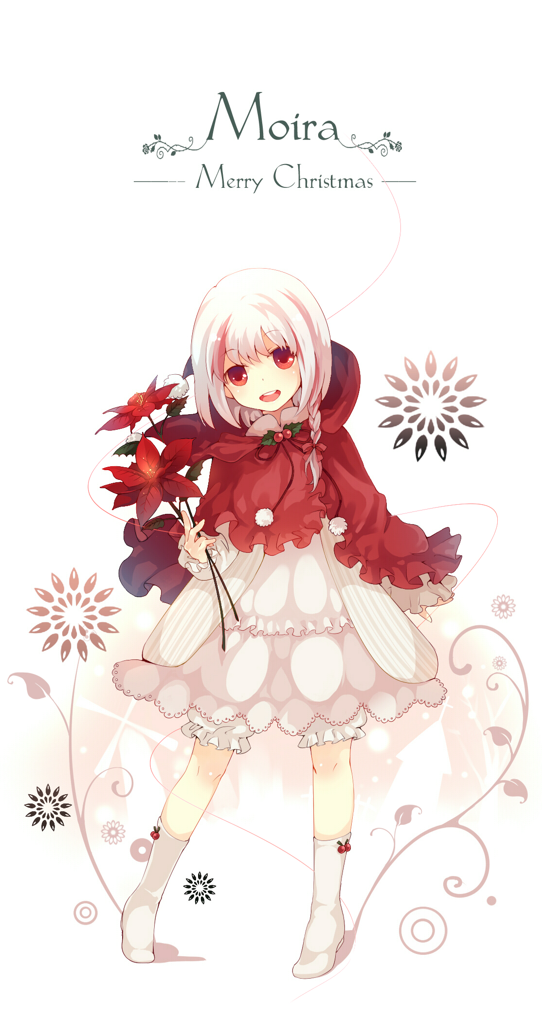 dhiea, artemisia, sound horizon, bad id, bad pixiv id, highres, bloomers, braid, flower, frills, red eyes, short hair, short hair with long locks, side braid, single braid, socks, solo, underwear, white hair