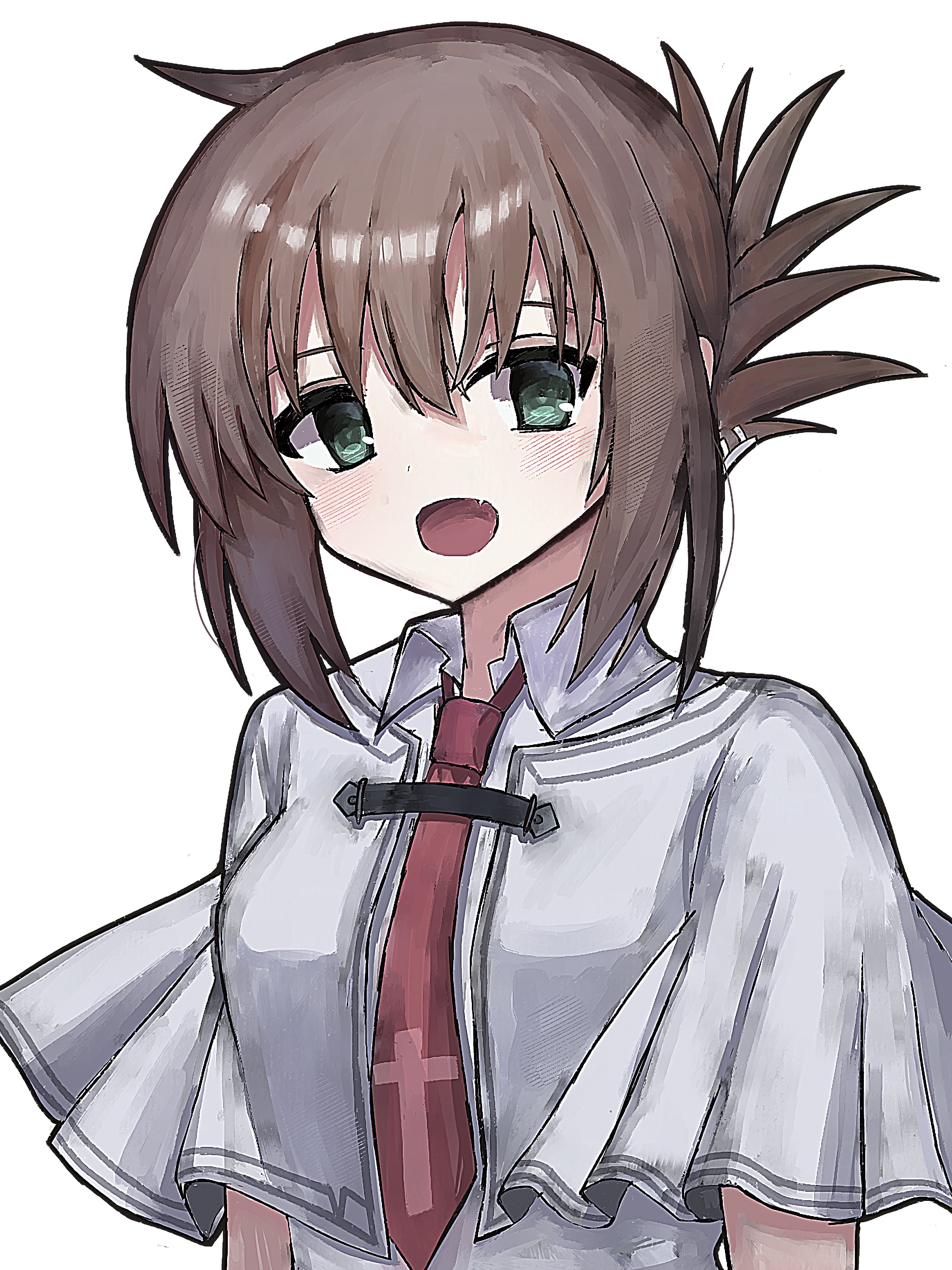 mahigu re, tachibana kimika, subarashiki hibi, absurdres, highres, 1girl, :d, blush, brown hair, capelet, collared shirt, cross, cross print, eyebrows hidden by hair, fang, folded ponytail, hair between eyes, looking at viewer, medium hair, necktie, open mouth, print necktie, red necktie, school uniform, shirt, sidelocks, simple background, smile, solo, upper body, white background, white capelet, white shirt