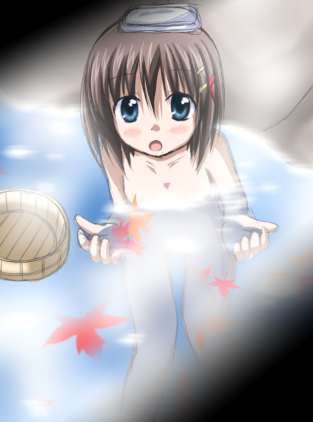 yagami hayate, lyrical nanoha, mahou shoujo lyrical nanoha, mahou shoujo lyrical nanoha a's, 00s, :o, bath, blue eyes, blush, brown hair, censored, convenient censoring, hair ornament, hairclip, leaf, nude, solo, steam, steam censor, water
