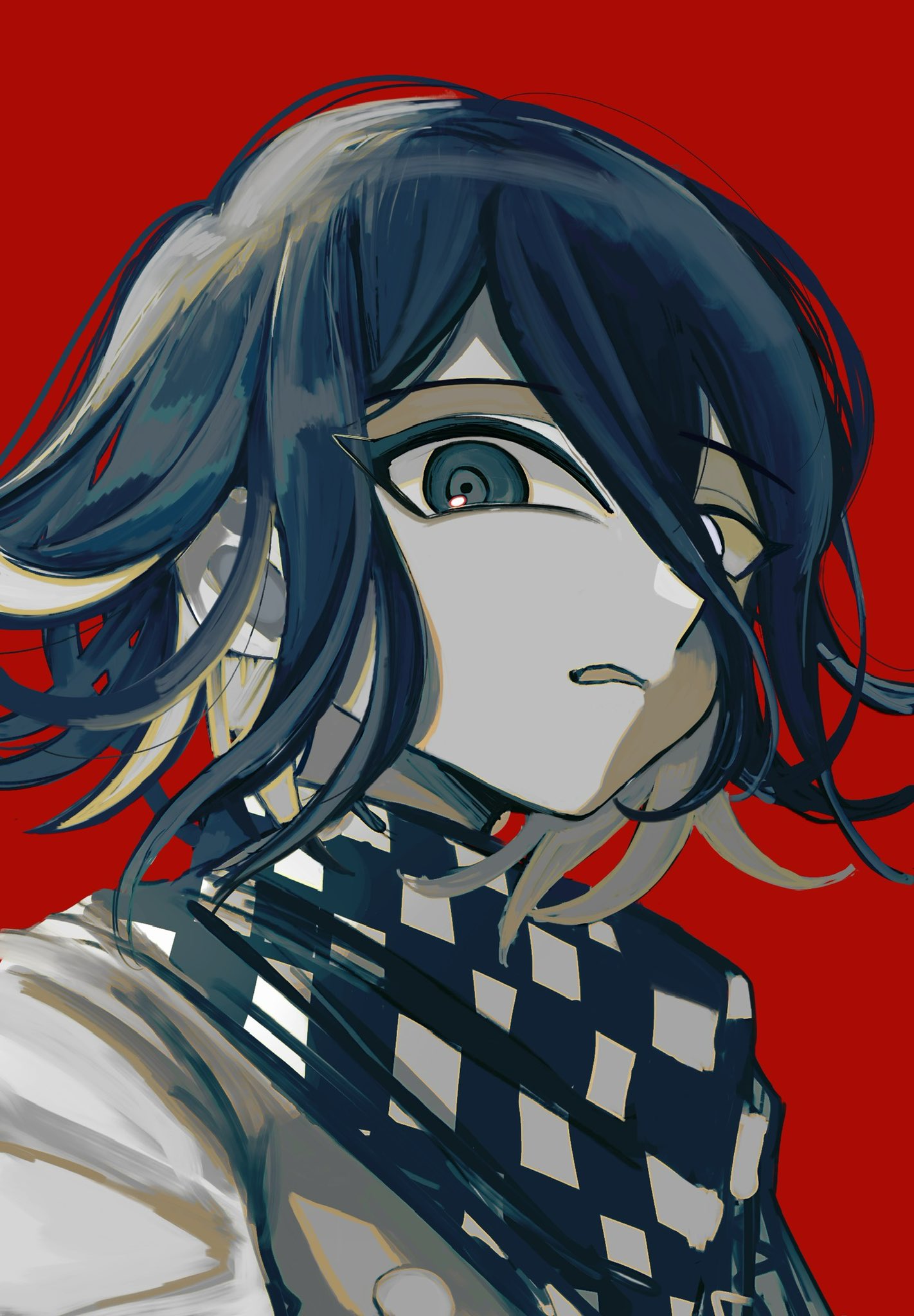 foca (sello20582612), oma kokichi, danganronpa (series), danganronpa v3: killing harmony, highres, 1boy, black hair, checkered clothes, checkered scarf, flipped hair, from side, frown, hair between eyes, looking at viewer, male focus, monochrome, portrait, red background, ringed eyes, scarf, short hair, solo, two-tone scarf