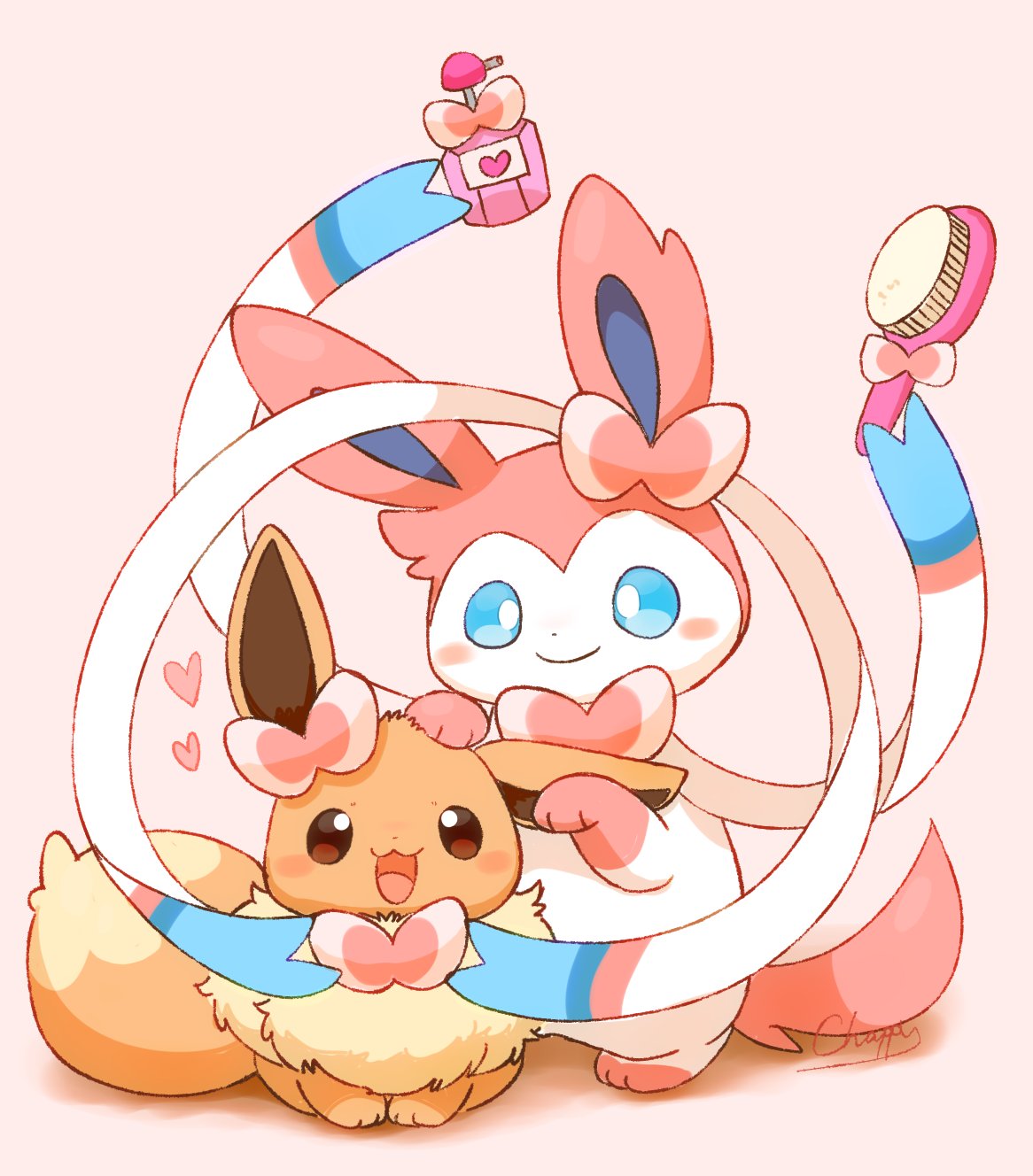 mimix, eevee, sylveon, nintendo, pokemon, highres, animal focus, blue eyes, blue sclera, blush, bottle, bow, brown eyes, brown fur, closed mouth, colored sclera, fluffy, gen 1 pokemon, gen 6 pokemon, hair brush, heart, holding, holding brush, holding perfume, looking at viewer, no humans, open mouth, perfume bottle, pink fur, pokemon (creature), pokemon focus, ribbon, simple background, smile, tail, two-tone fur, white fur