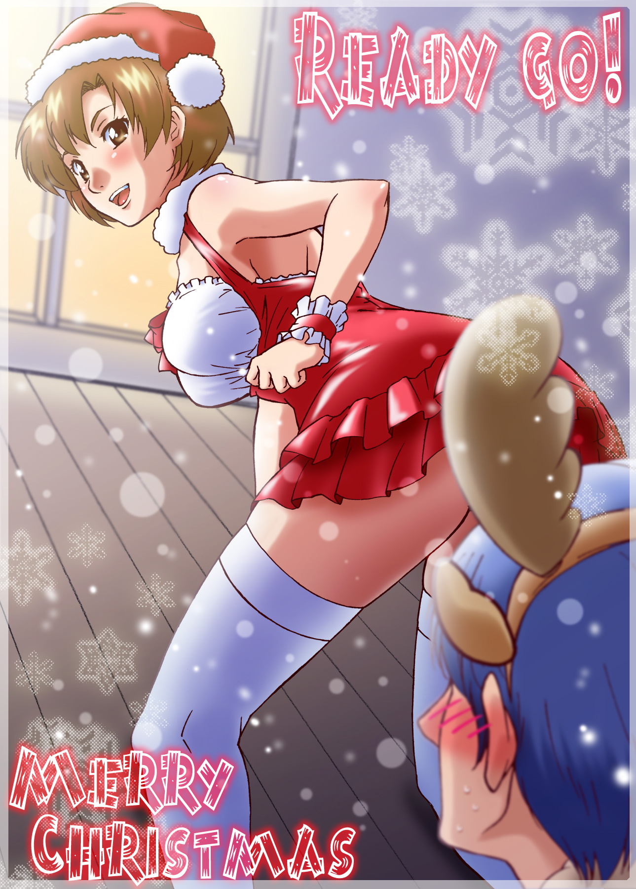 hikari (mitsu honey), kaito (vocaloid), meiko (vocaloid), vocaloid, highres, brown eyes, brown hair, short hair, snow, thighhighs