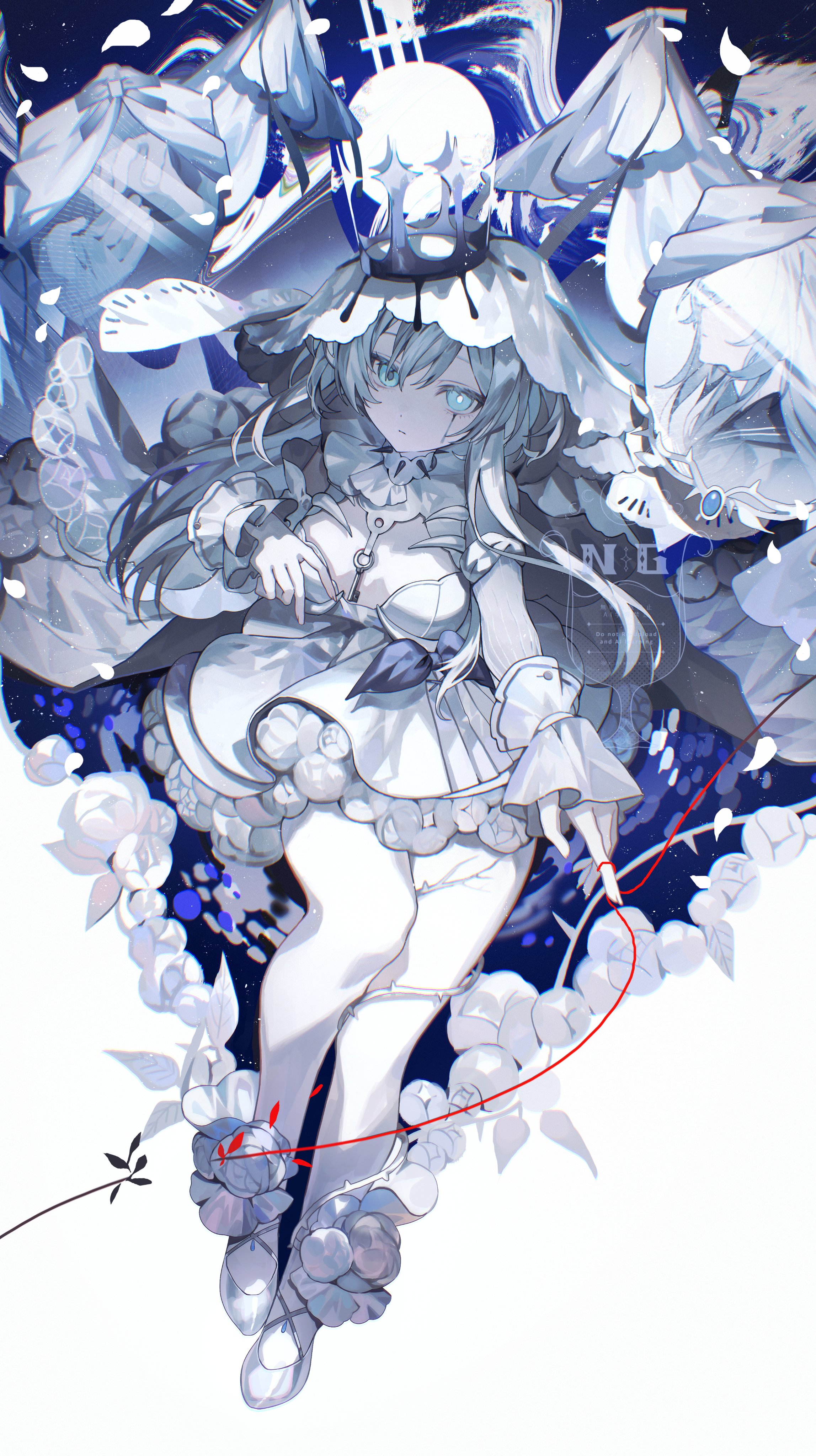 iwai ku tsuki, original, absurdres, commission, highres, skeb commission, 1girl, blue eyes, breasts, bridal veil, crown, falling petals, flower, hair between eyes, key, long hair, looking at viewer, multicolored eyes, petals, skirt, solo, tears, thighhighs, veil, white background, white hair, white thighhighs
