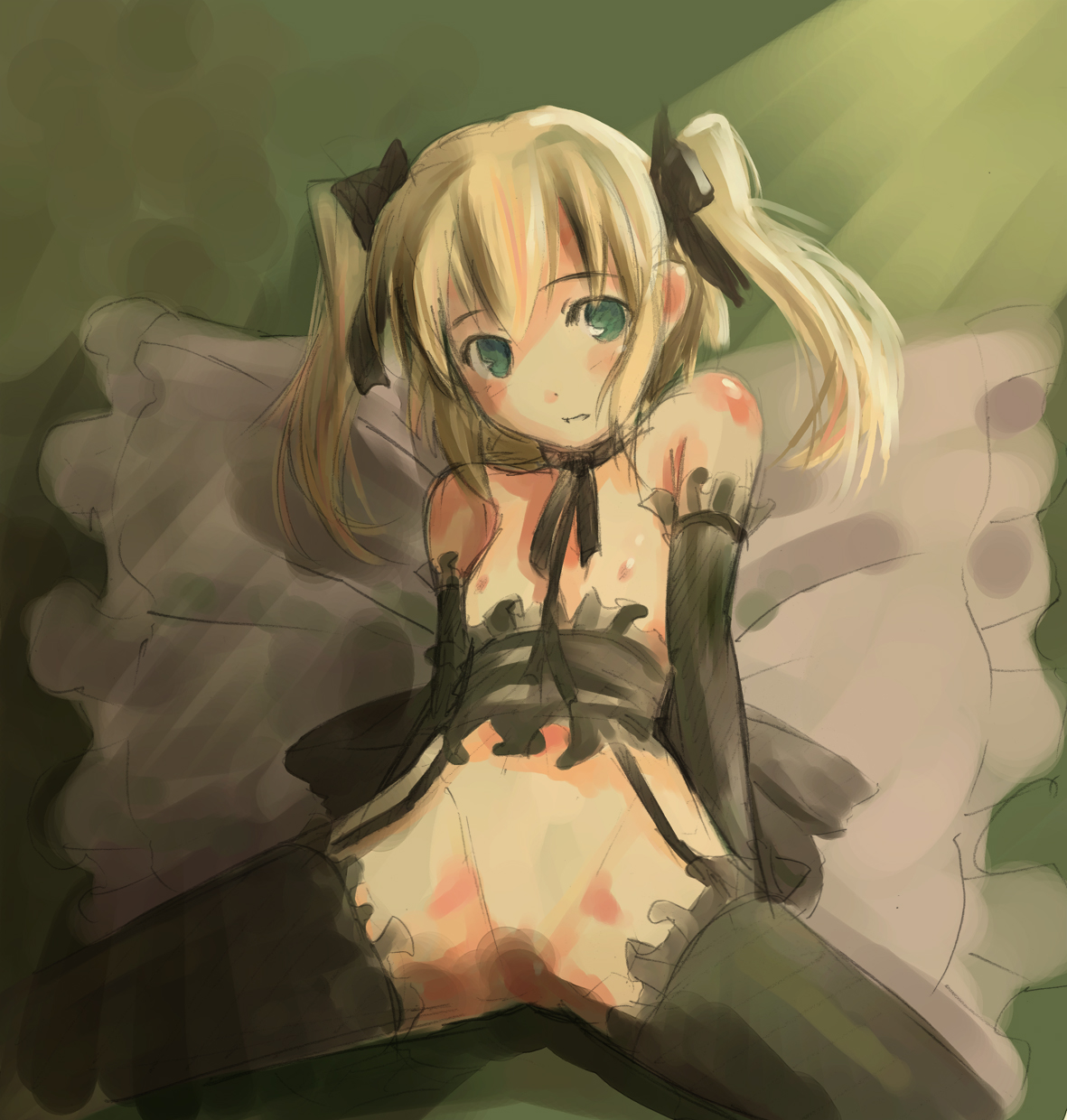 futari no ana, wadapen, pachira, renkin san-kyuu magical pokaan, highres, 1girl, blonde hair, female focus, flat chest, loli, panties, sketch, solo, thighhighs, twintails, underwear