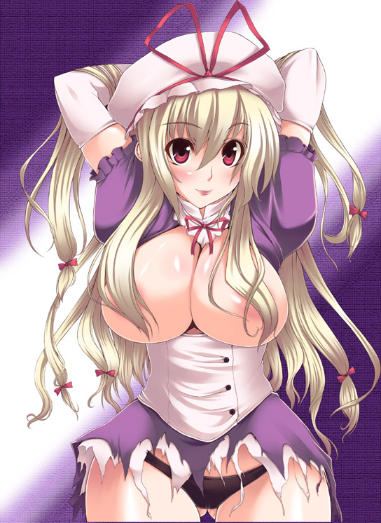 oohira sansetto, oohira sunset, yakumo yukari, touhou, 1girl, arms behind back, blonde hair, breasts, female focus, gradient background, hat, huge breasts, long hair, panties, pink eyes, solo, torn clothes, underwear