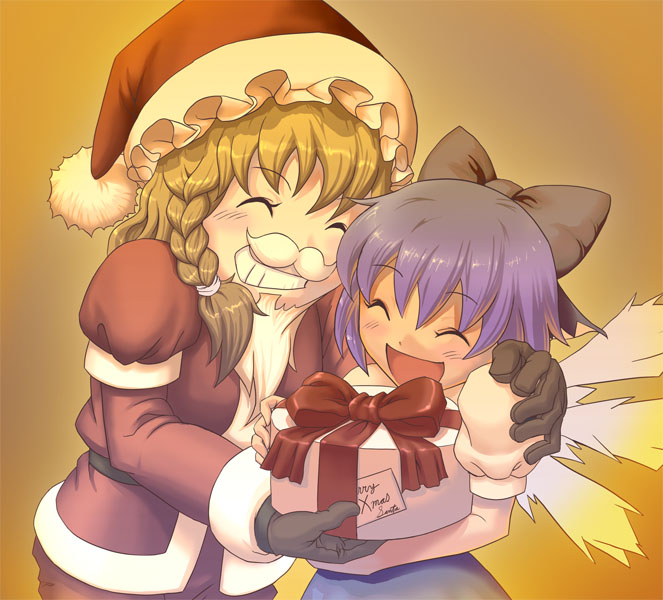 shiroi karasu, cirno, kirisame marisa, embodiment of scarlet devil, touhou, bad id, bad pixiv id, 2girls, blonde hair, blue hair, braid, christmas, fake facial hair, fake mustache, female focus, gift, holding, holding gift, multiple girls, santa costume, shiroi karasu (pixiv), short hair