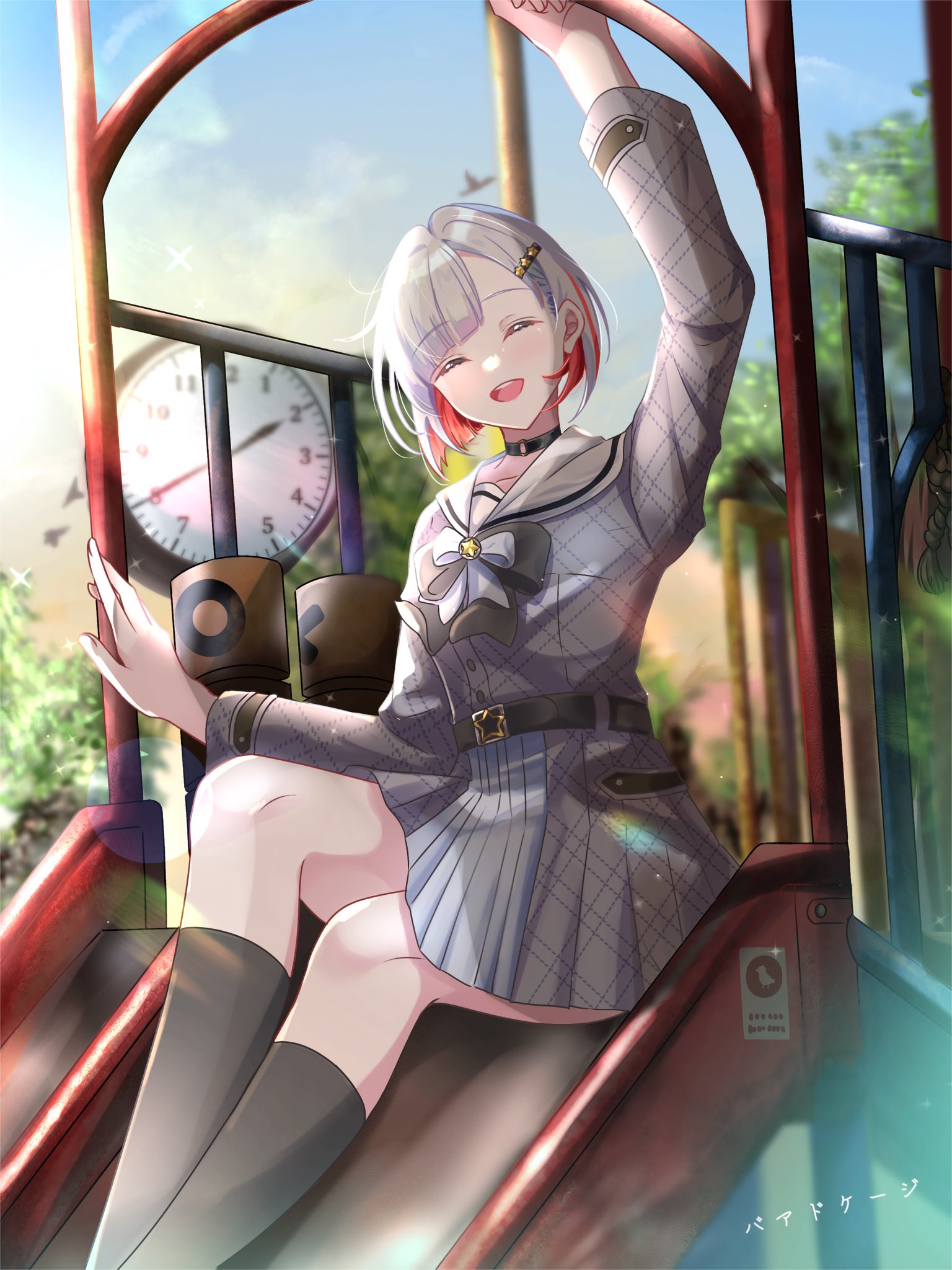 sakari (pear 8 ll), yugiri tsuzuri, link! like! love live!, love live!, commentary request, highres, 1girl, analog clock, birdcage (love live!), black bow, black bowtie, black choker, black socks, blue sky, bow, bowtie, choker, clock, collarbone, colored inner hair, dress, facing viewer, grey dress, grey hair, hair ornament, hairclip, kneehighs, long sleeves, multicolored hair, o-ring, o-ring choker, official alternate costume, outdoors, plaid clothes, plaid dress, playground, pleated dress, red hair, sailor collar, sailor dress, short dress, short hair, sky, slide, socks, star (symbol), star hair ornament, streaked hair, virtual youtuber, white sailor collar