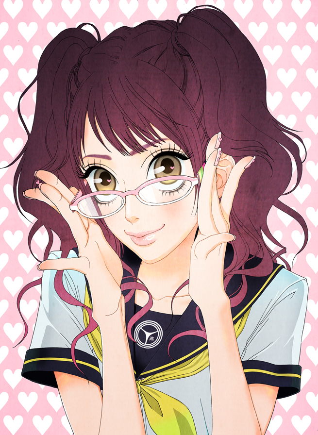 enii, kujikawa rise, atlus, persona, persona 4, 1girl, adjusting eyewear, brown eyes, eyelashes, female focus, fingernails, glasses, heart, lipstick, makeup, nail (hardware), pink-framed eyewear, pink hair, red hair, school uniform, serafuku, solo, twintails