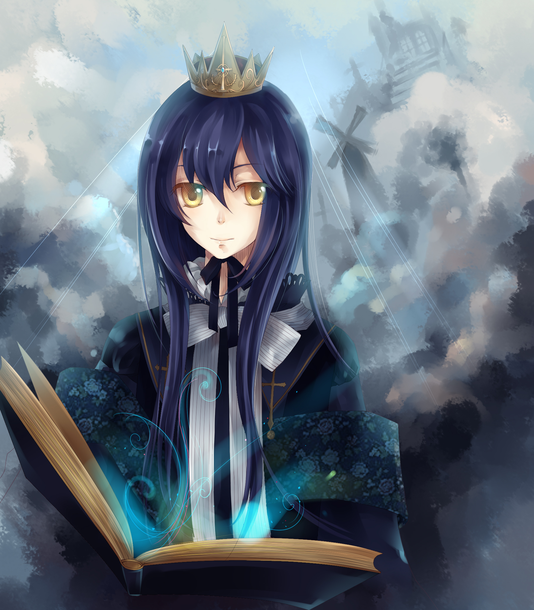 dhiea, dhiea seville (pause), original, pause (dhiea), bad id, bad pixiv id, highres, blue hair, book, cross, crown, magic, solo