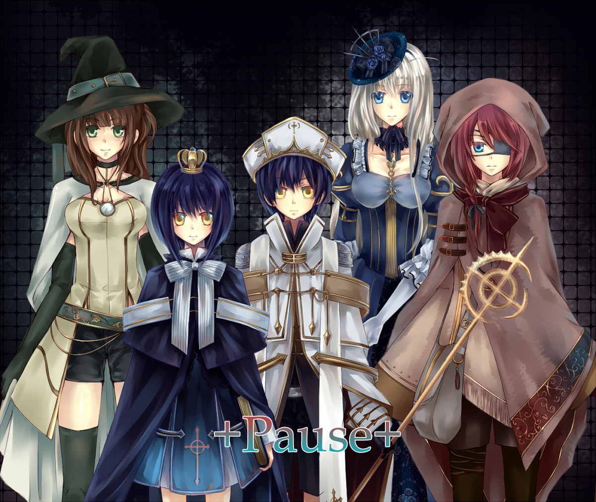 dhiea, dhiea seville (pause), mo seville (pause), original, pause (dhiea), silver hair, bad id, bad pixiv id, 1boy, 4girls, blue eyes, blue hair, brother and sister, brown hair, cross, crown, eyepatch, fantasy, green eyes, hat, multiple girls, red hair, siblings, staff, thighhighs, witch hat, yellow eyes