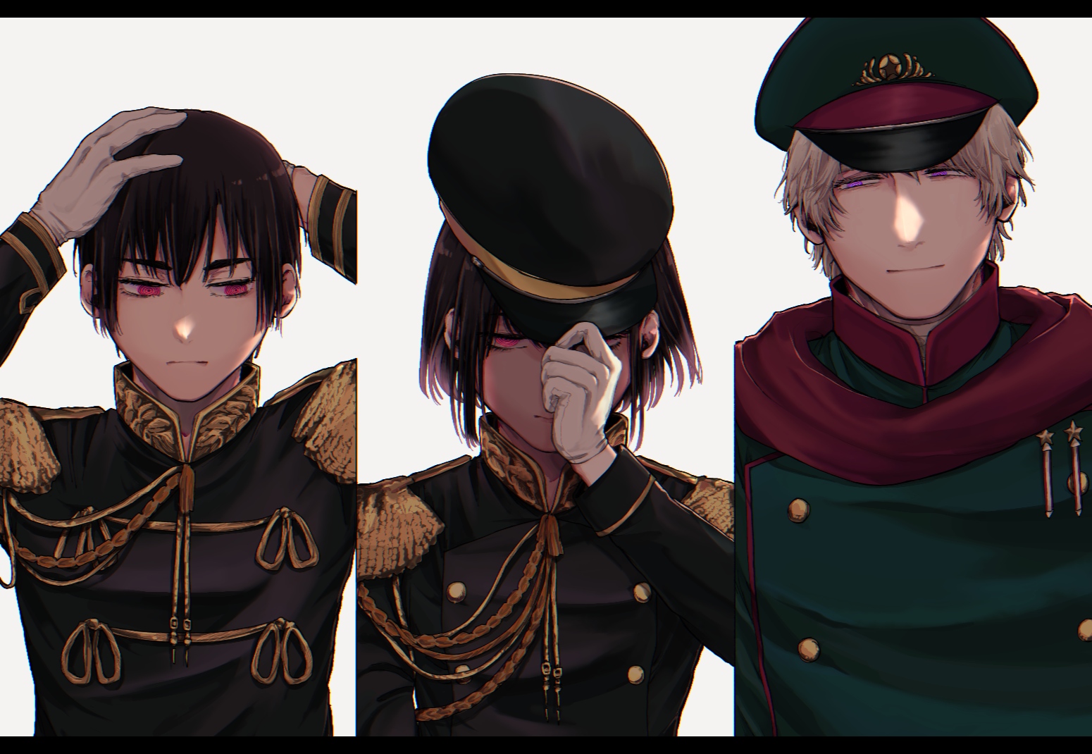 hachiware (user wwva4743), japan (female) (hetalia), japan (hetalia), russia (hetalia), axis powers hetalia, 1girl, 2boys, aiguillette, black border, black jacket, border, buttons, closed mouth, dual persona, epaulettes, genderswap, genderswap (mtf), gloves, green hat, green jacket, grey hair, hair between eyes, half-closed eye, half-closed eyes, hands on own head, hands up, hat, hat ornament, jacket, long sleeves, looking at another, looking at viewer, mandarin collar, medal, military, military hat, military jacket, military uniform, multiple boys, one eye covered, pink eyes, purple eyes, red eyes, red scarf, scarf, short hair, simple background, smile, star (symbol), star hat ornament, star ornament, upper body, white background, white gloves