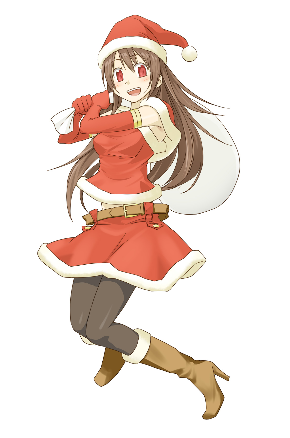 amagai tarou, highres, 1girl, :d, belt, blush, boots, brown hair, christmas, elbow gloves, female focus, full body, gloves, happy, hat, high heels, long hair, open mouth, pantyhose, red eyes, red gloves, sack, santa costume, santa hat, shoes, simple background, skirt, smile, solo