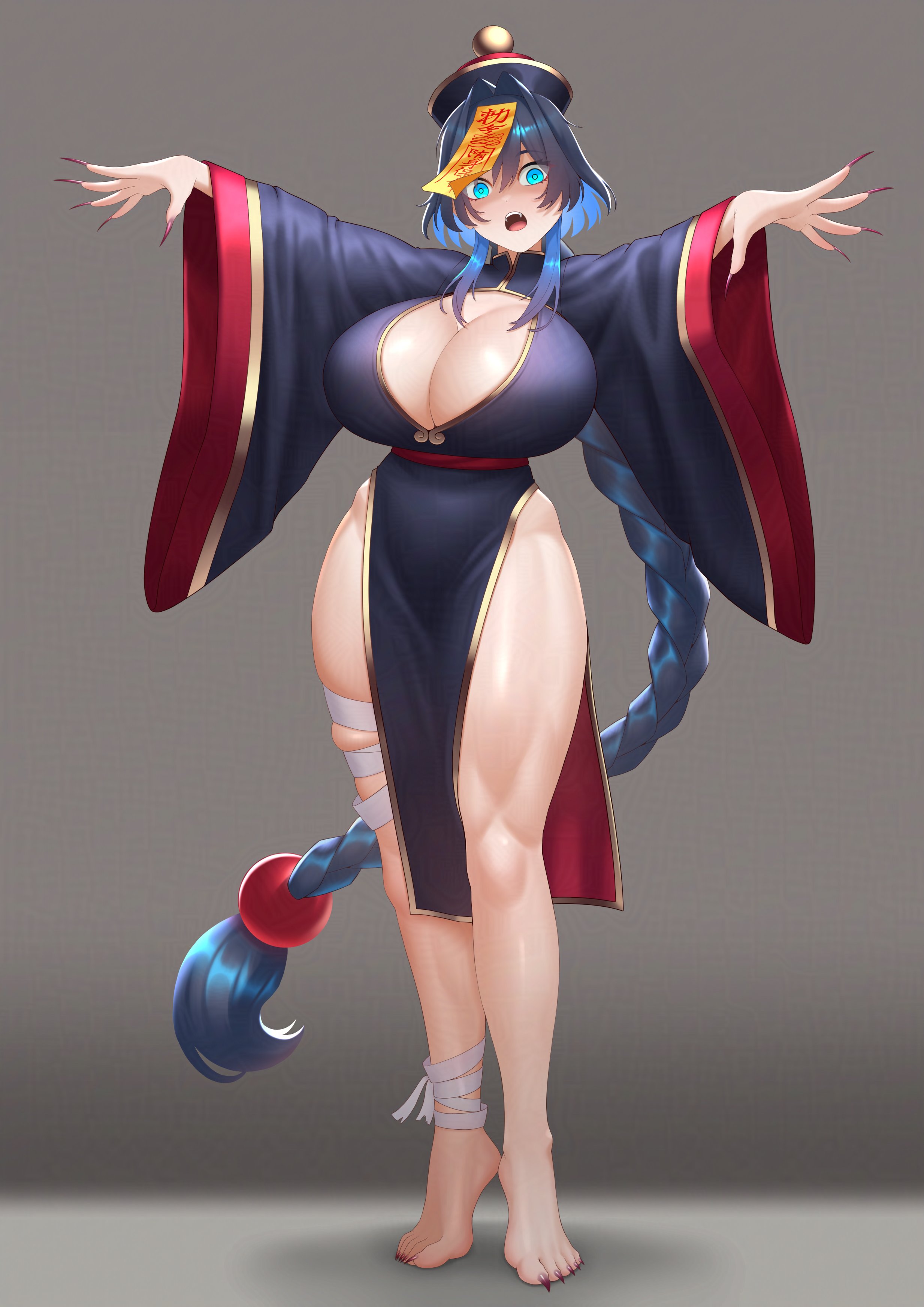 cipher4109, ouro kronii, hololive, hololive english, absurdres, highres, 1girl, alternate costume, black hair, blue eyes, blue hair, blush, breasts, chinese clothes, cleavage, colored inner hair, dress, fingernails, hair intakes, hat, hat ornament, huge breasts, jiangshi, jiangshi costume, lace-trimmed sleeves, lace trim, large breasts, long hair, long sleeves, looking at viewer, multicolored hair, ofuda, open mouth, outstretched arms, purple hat, qingdai guanmao, sharp fingernails, simple background, smile, solo, talisman, tangzhuang, thighs, virtual youtuber, zombie pose