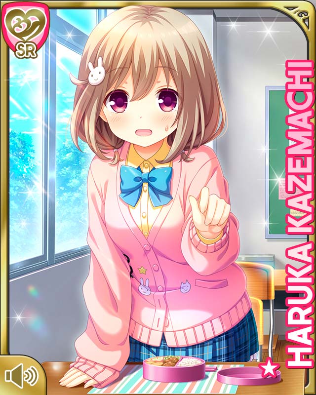qp:flapper, kazemachi haruka, girlfriend (kari), lunch, official art, 1girl, :o, blue skirt, blush, brown hair, card (medium), character name, classroom, cowboy shot, desk, indoors, long sleeves, looking at viewer, open mouth, pink eyes, plaid clothes, plaid skirt, school desk, school uniform, short hair, skirt, solo, standing, tareme, treble clef