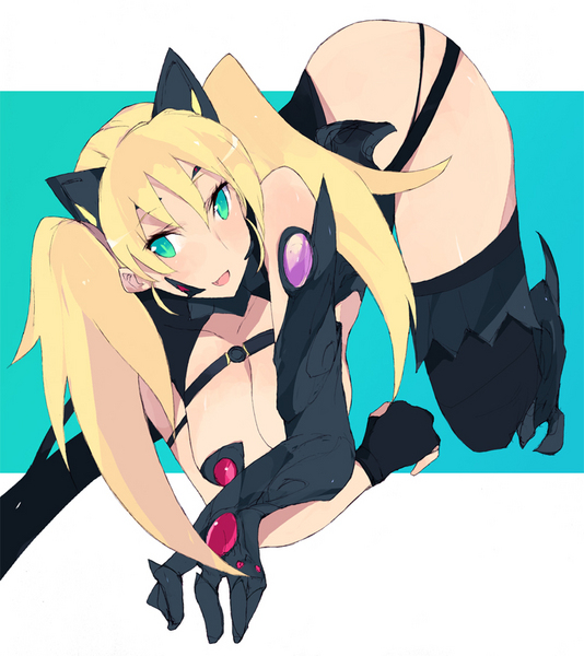 brws, elina (queen's blade), ruler of fangs elina, queen's blade, queen's blade rebellion, bad id, bad pixiv id, 00s, 10s, 1girl, all fours, blonde hair, breasts, elbow gloves, female focus, gloves, green eyes, large breasts, solo, thighhighs, twintails