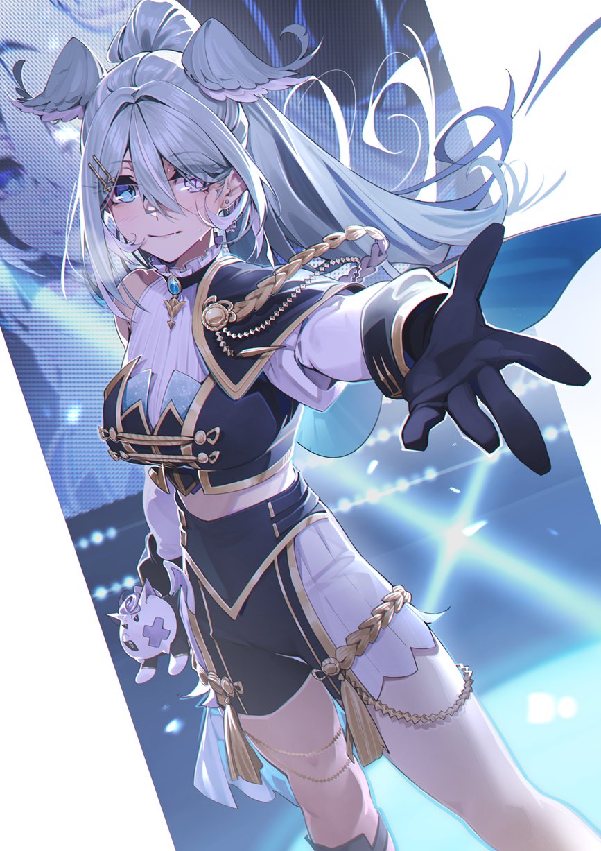 kamameshi gougoumaru, elira pendora, pikl (elira pendora), nijisanji, nijisanji en, highres, 1girl, black gloves, blue eyes, blue hair, breasts, capelet, cross-shaped pupils, earrings, expressionless, gloves, hair between eyes, hair intakes, head wings, heterochromia, high ponytail, jewelry, large breasts, looking at viewer, midriff, nijisanji idol uniform, ponytail, purple eyes, reaching, reaching towards viewer, shorts, single bare shoulder, solo, stage, stage lights, symbol-shaped pupils, virtual youtuber, wings