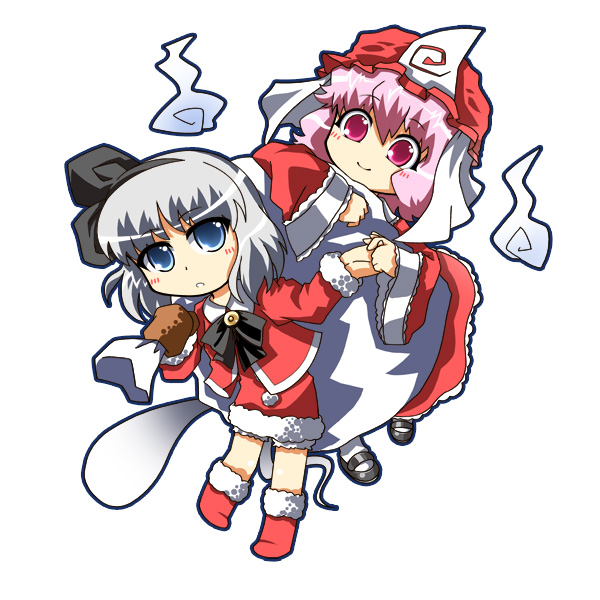 chisato, konpaku youmu, konpaku youmu (ghost), saigyouji yuyuko, touhou, 2girls, chibi, christmas, female focus, ghost, multiple girls, santa costume